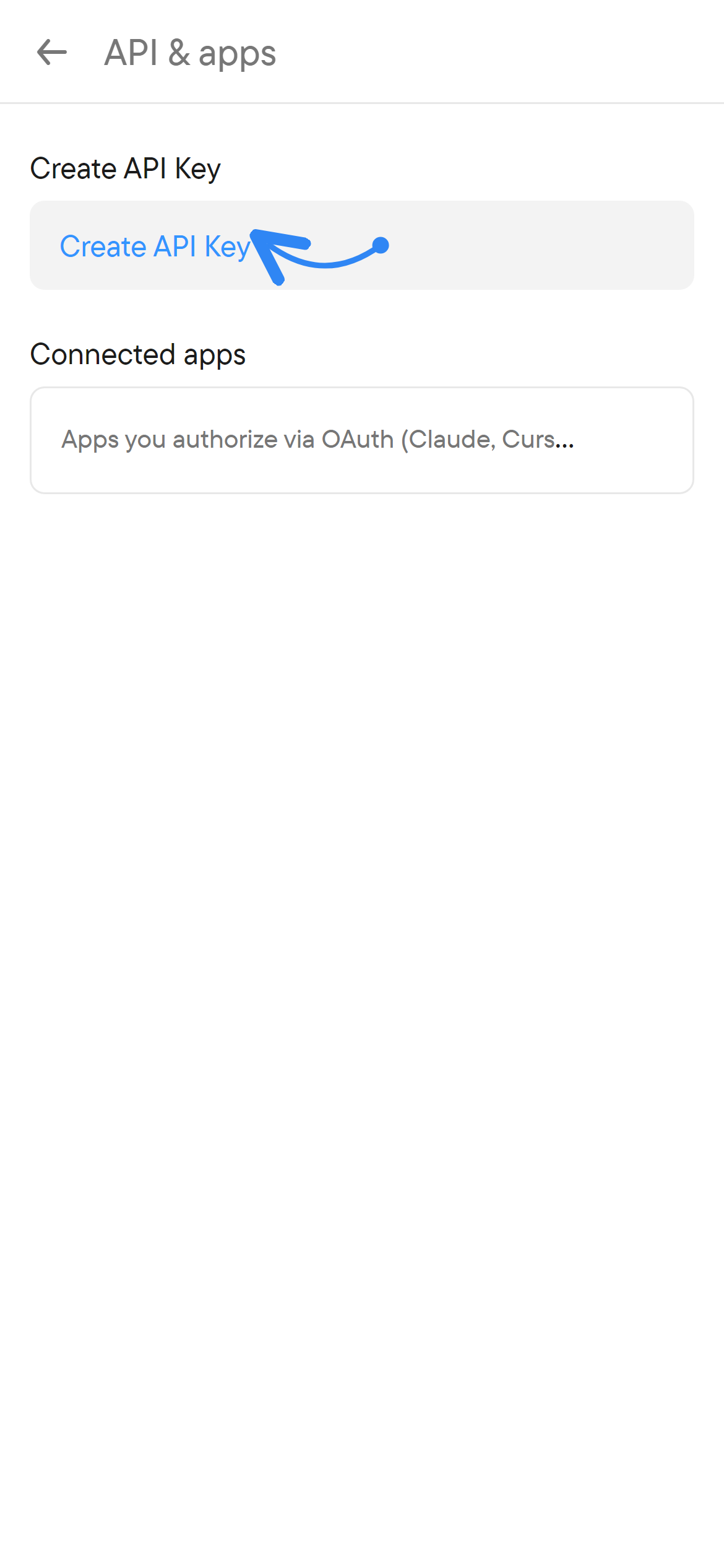 Keys and connected apps. The API & apps page with Create API Key and Connected apps.