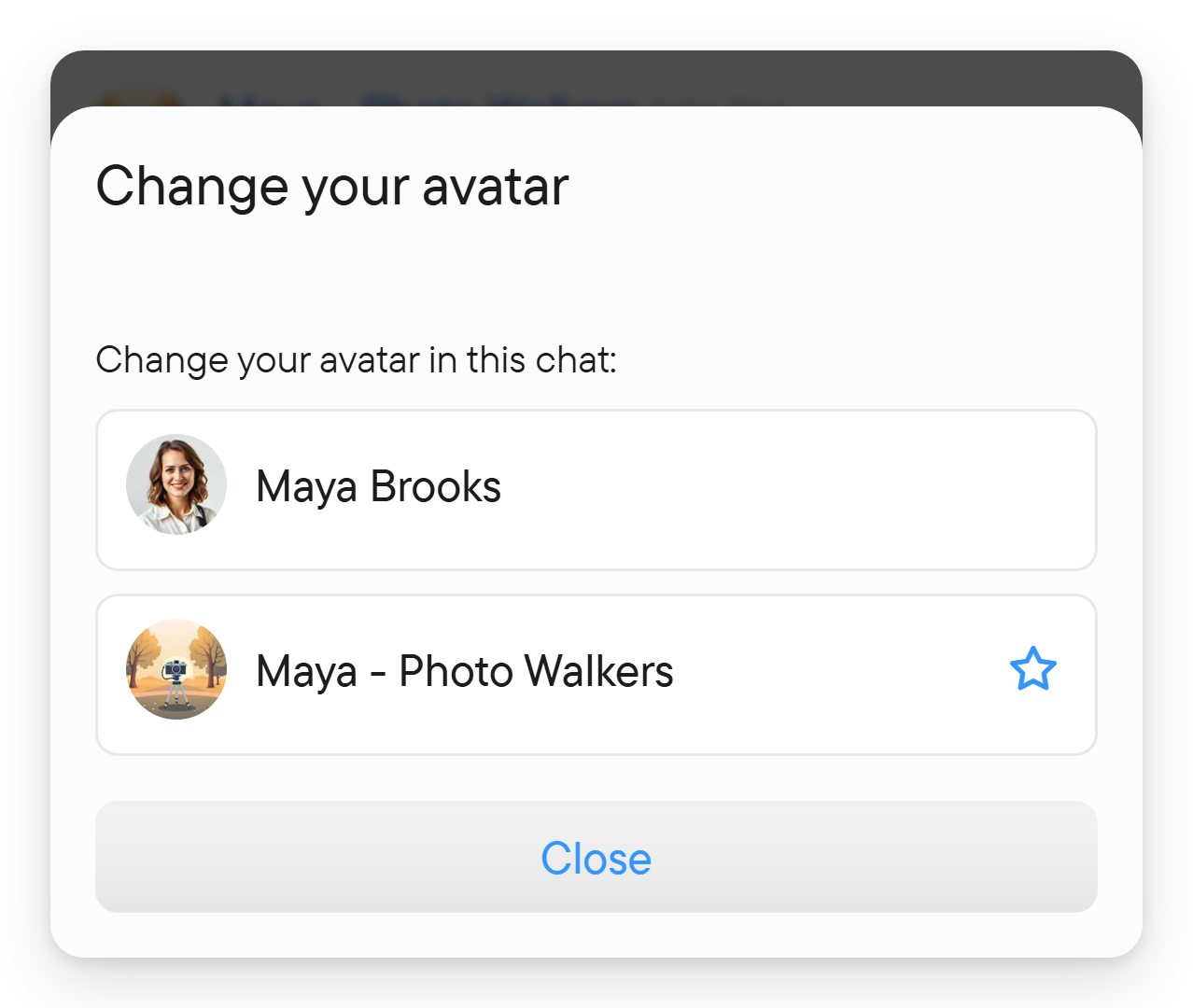 The Change your avatar dialog listing two avatars with one selected for the chat.