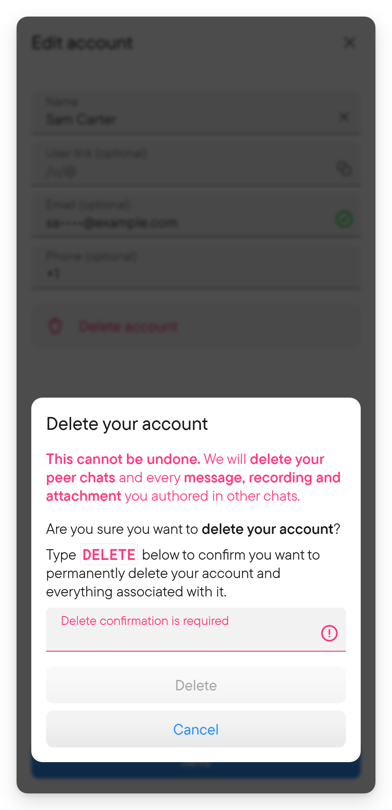 Deleting needs a typed confirmation. The delete account dialog with the warning and a field to type DELETE.