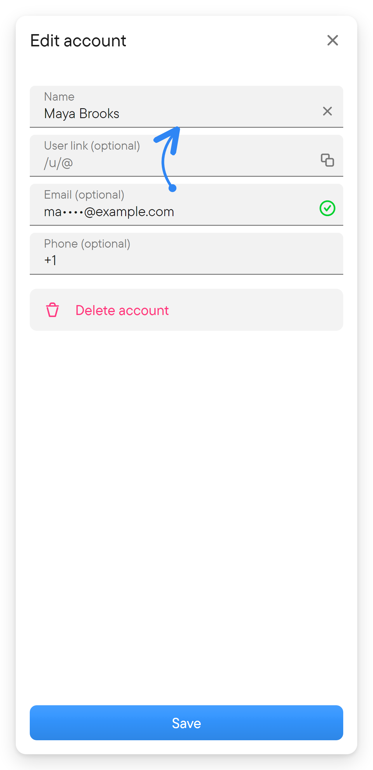 Edit your name and user link. The account edit dialog with name, user link, email and phone fields.