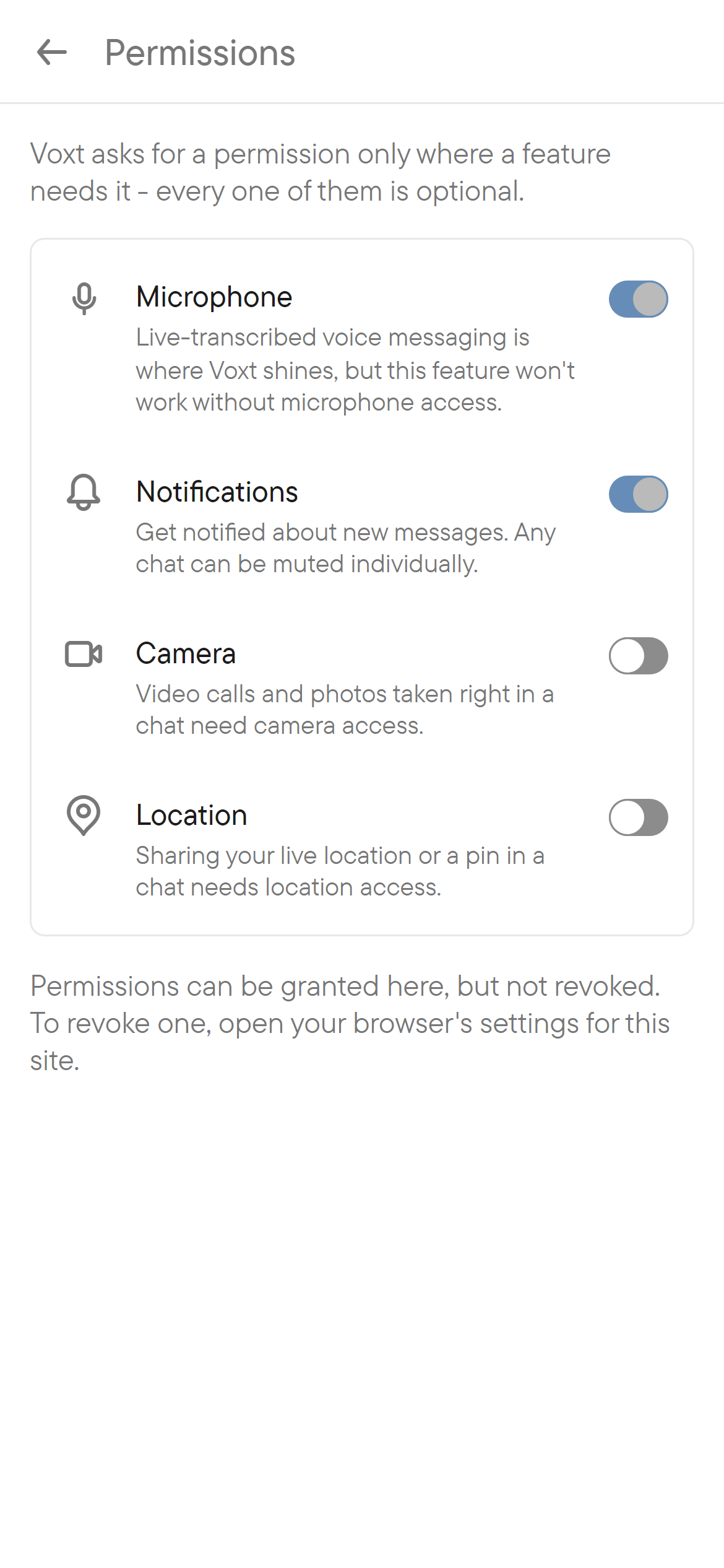 Grant what you want to use. The Permissions page with switches for Microphone, Notifications, Camera and Location.
