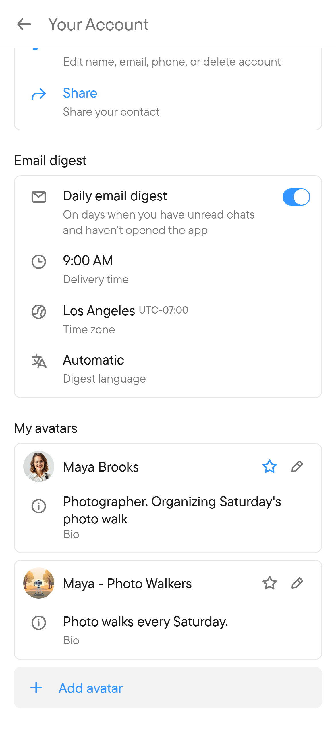 Your account settings. Your Account settings with the Information tile, the Share row and My avatars.