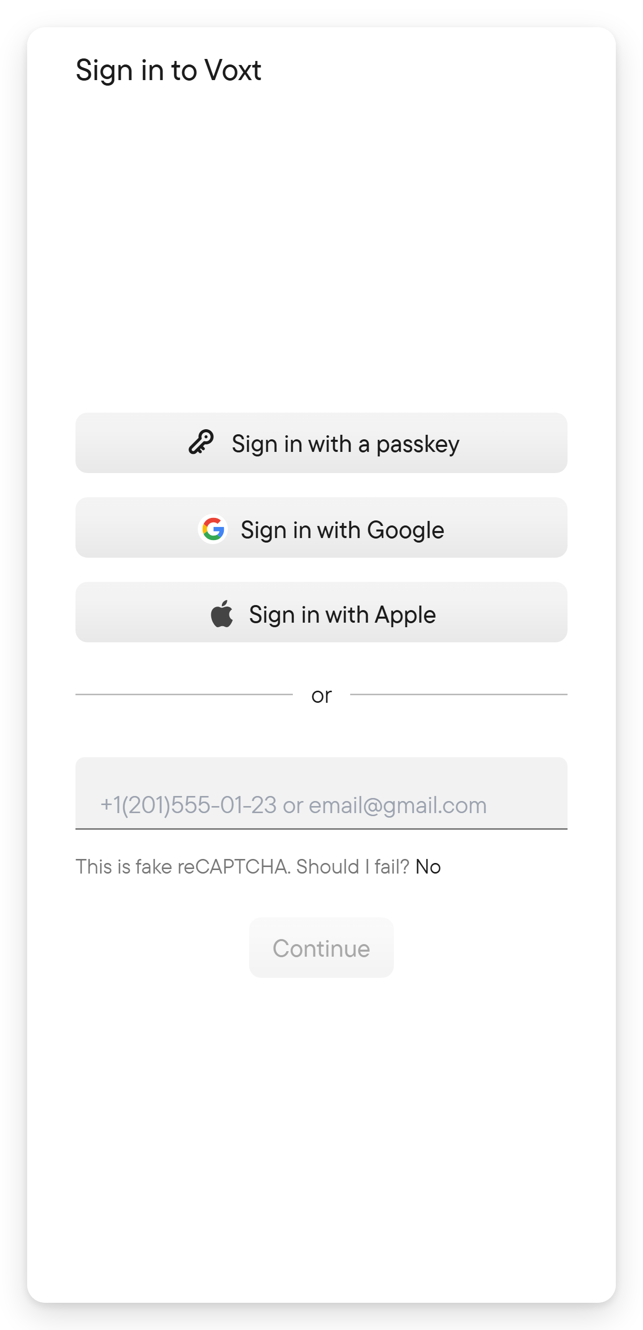 Sign in with a provider, email or phone. The Sign in to Voxt dialog with sign-in buttons and a field for a phone number or email.
