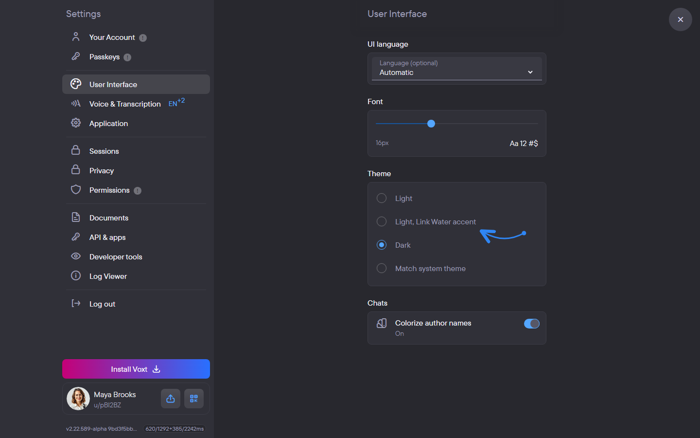 The User Interface settings with the Theme options, shown in the light and in the dark theme.