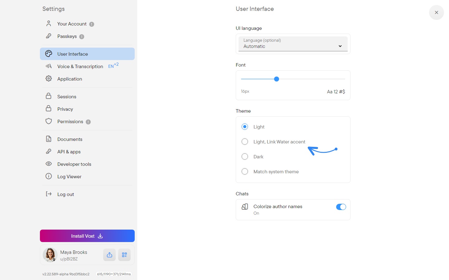The User Interface settings with the Theme options, shown in the light and in the dark theme.