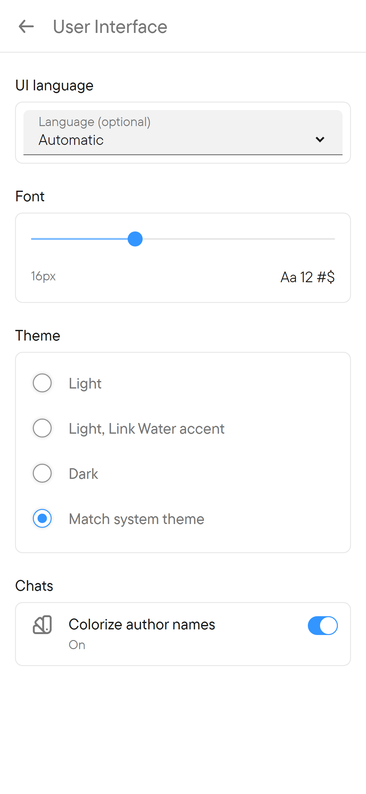 Language, font and theme. The User Interface settings with UI language, Font, Theme and Colorize author names.