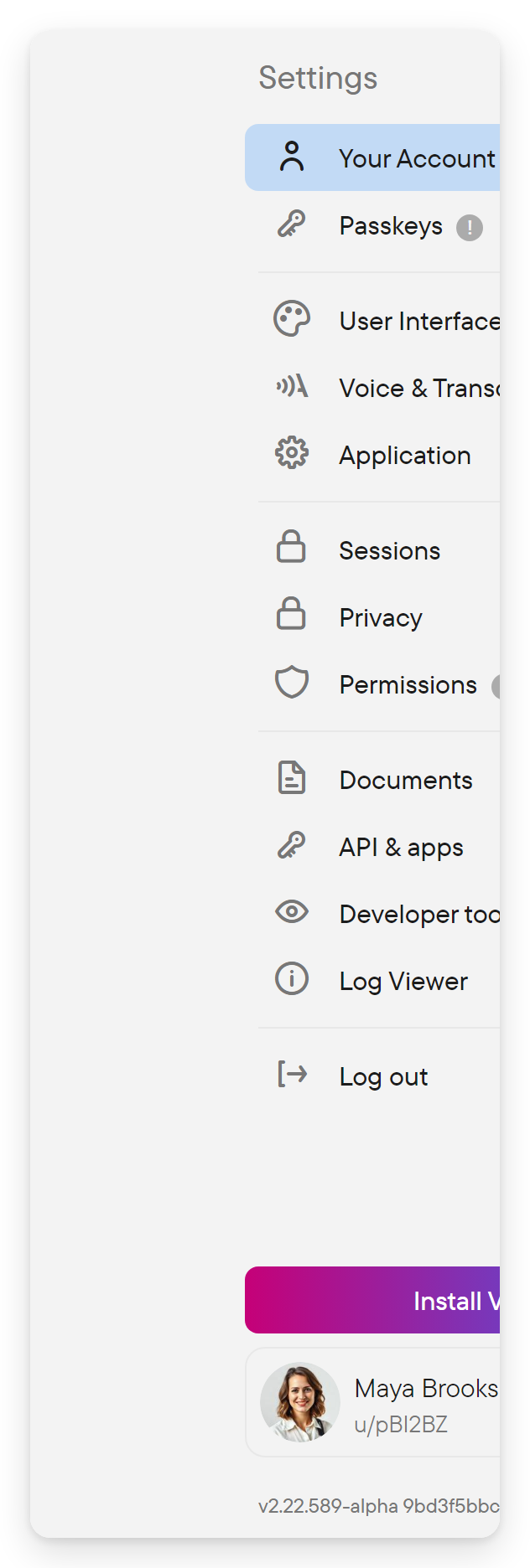 The version and commit text at the bottom of the settings navigation.