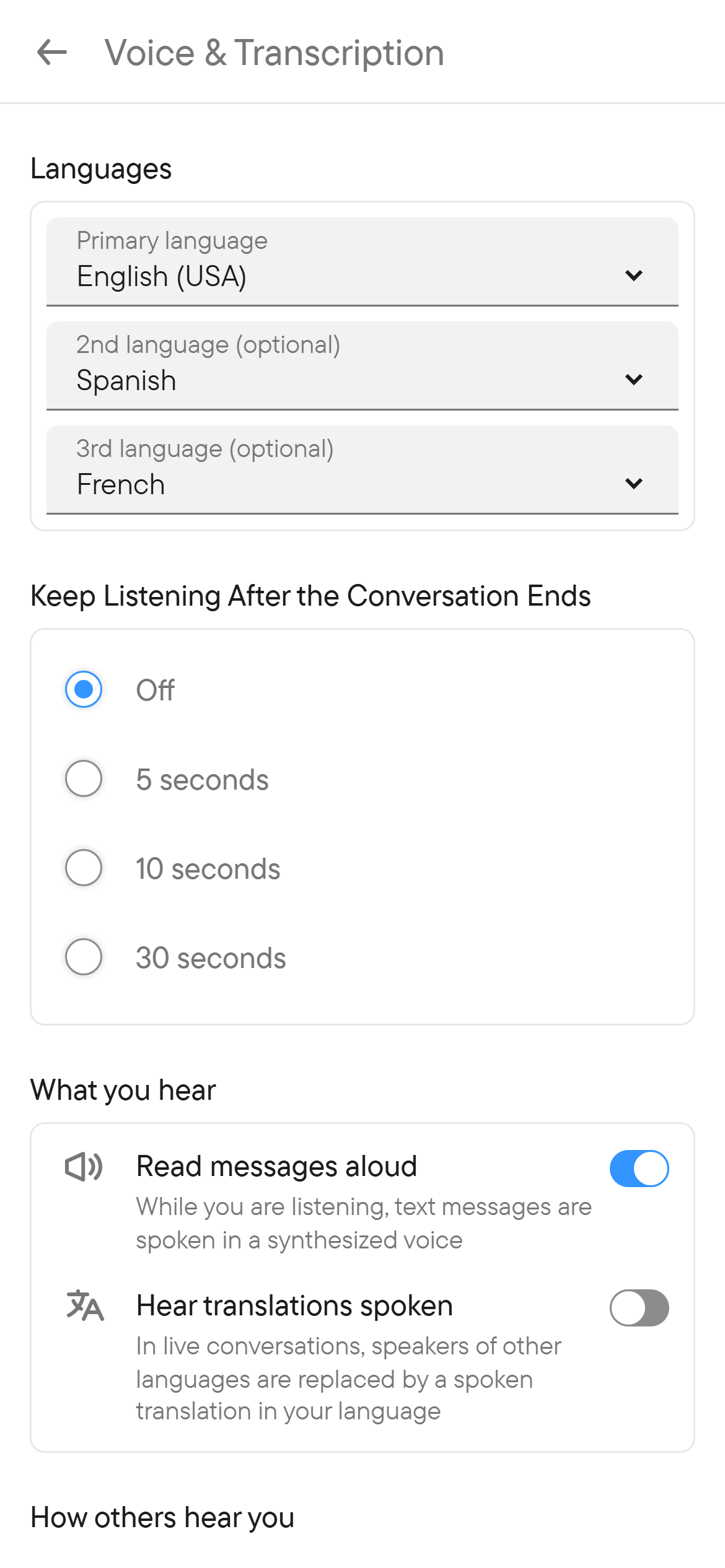 Voice and transcription preferences. The Voice & Transcription settings page.