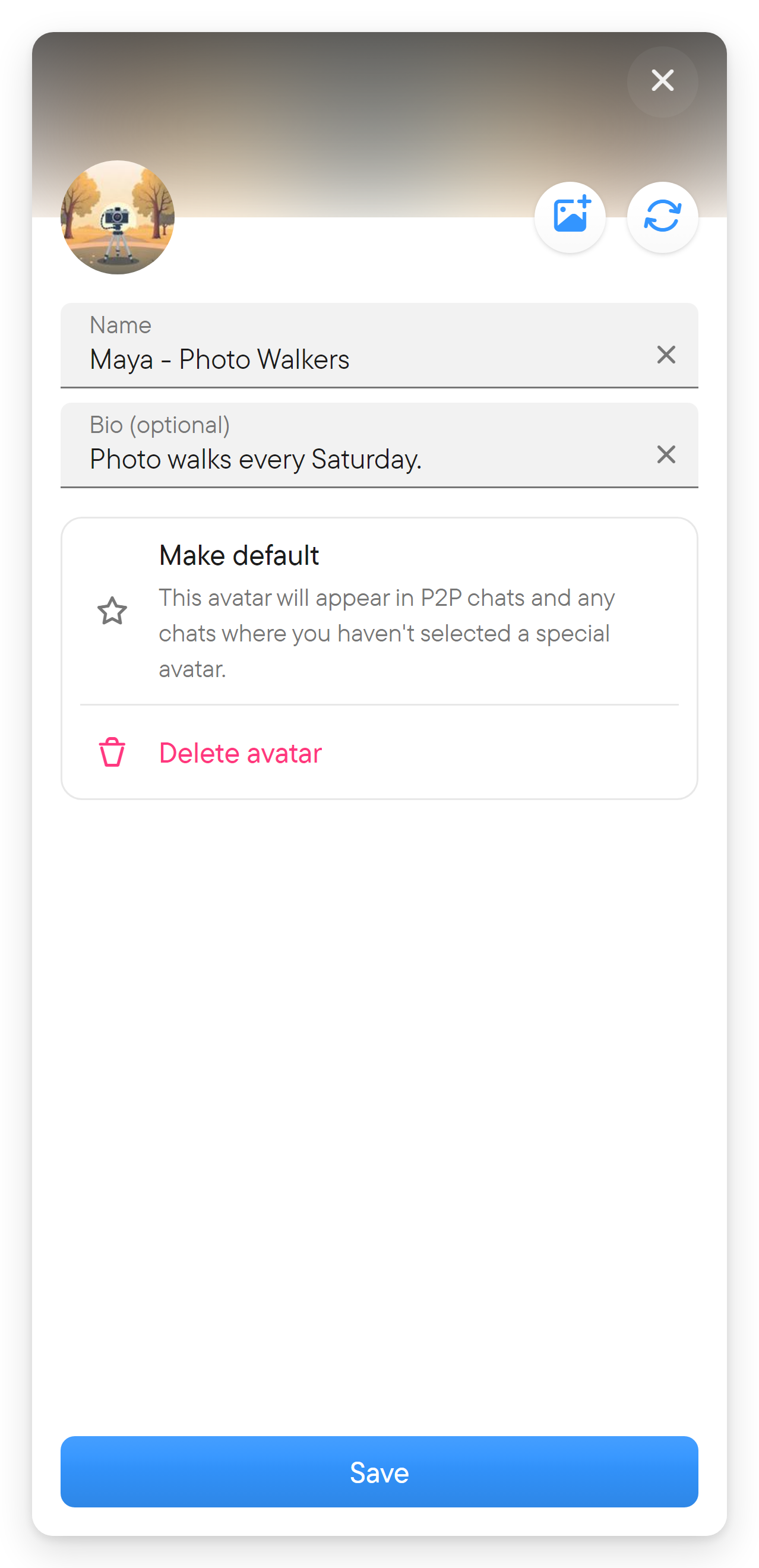 The avatar editor with picture, name, bio, Make default, Delete avatar and Save.