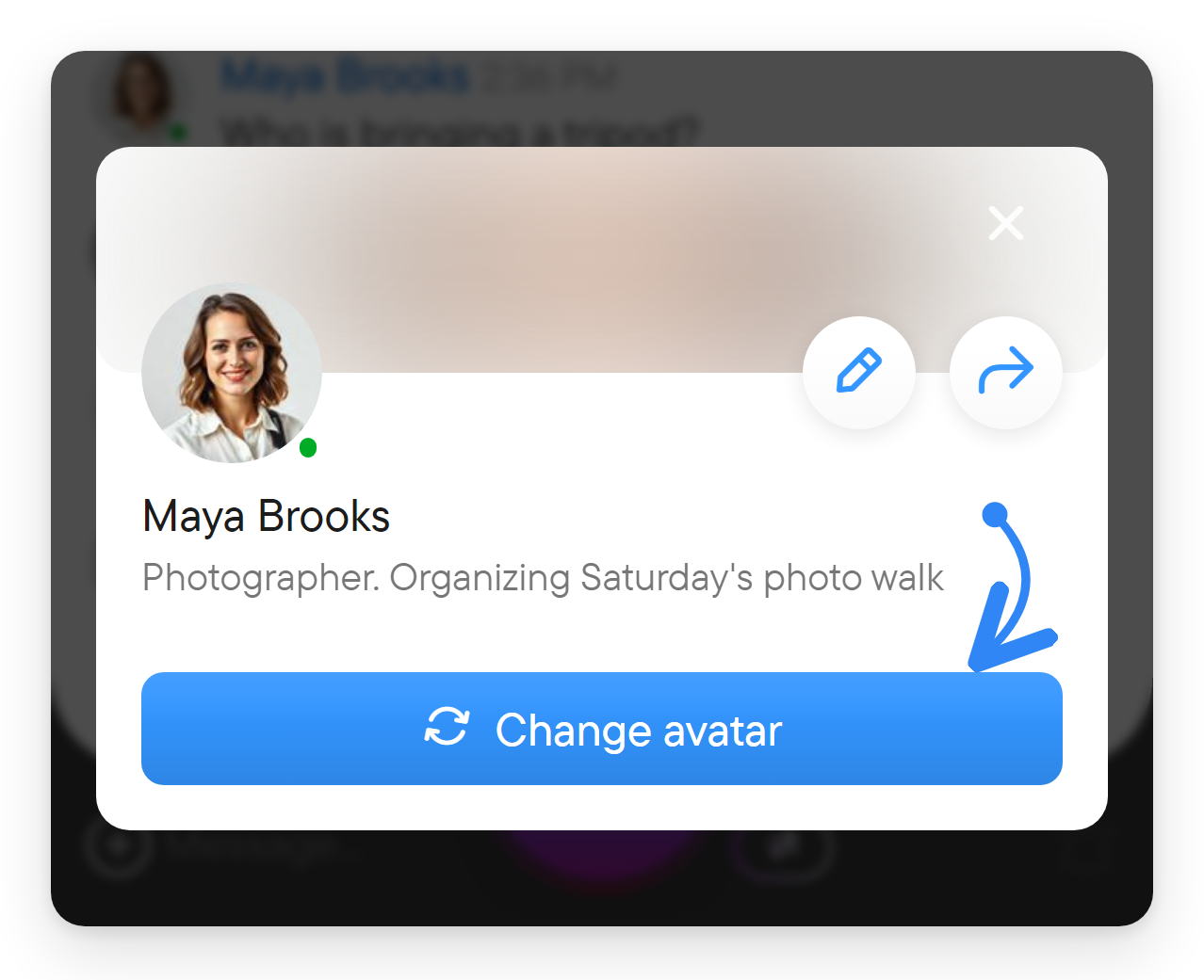 The Your profile dialog with the Change avatar button.