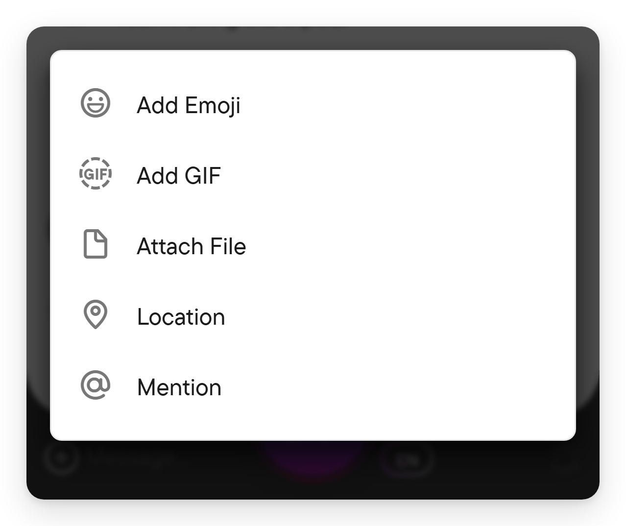 Open the plus menu to attach something. The composer plus menu listing Add Emoji, Add GIF, Attach File, Location and Mention.