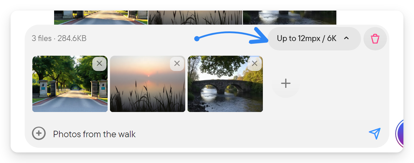 A composer with three photo thumbnails, a file count with total size and a photo quality button above it.