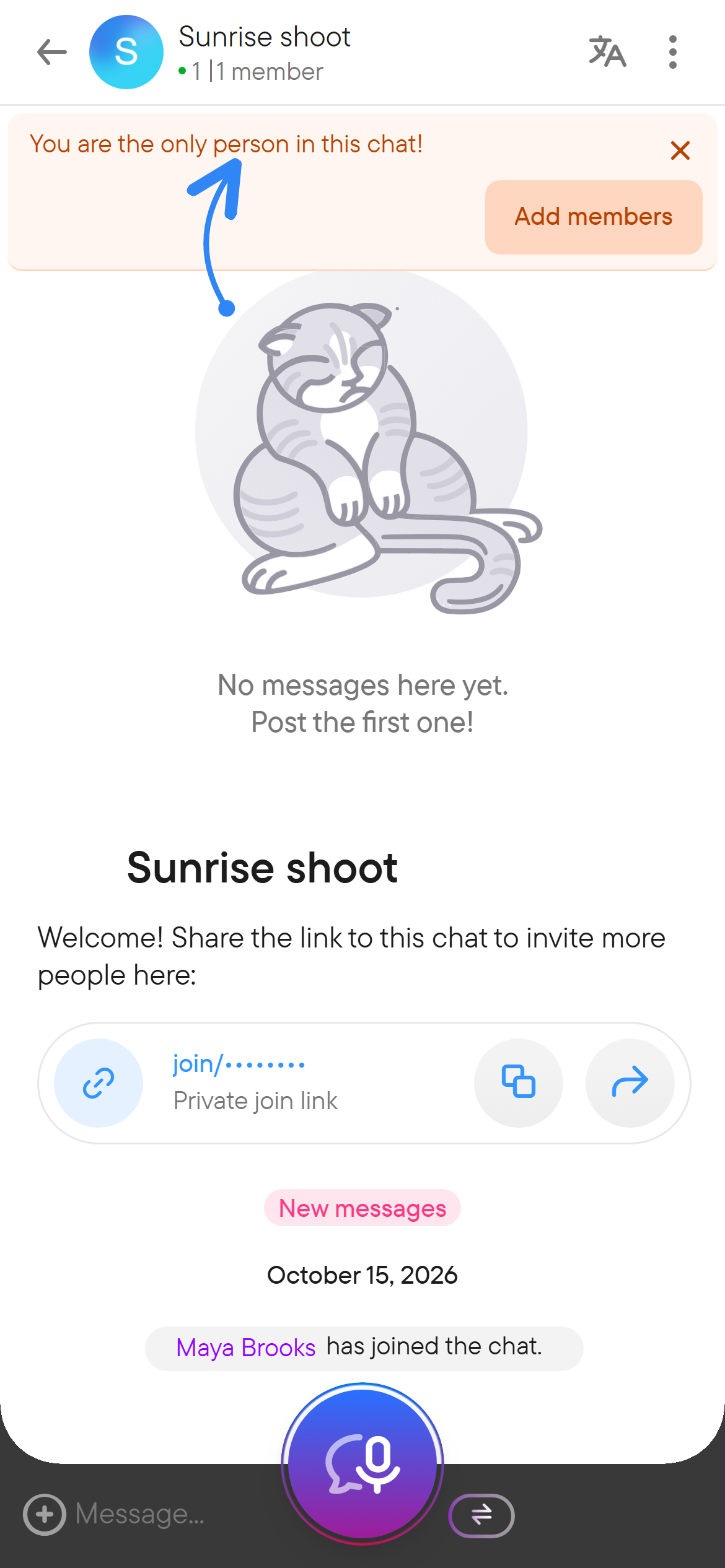 A new chat starts with its link and an invitation to add members. A new group chat showing a banner that says the user is the only person in it, with an Add members button.