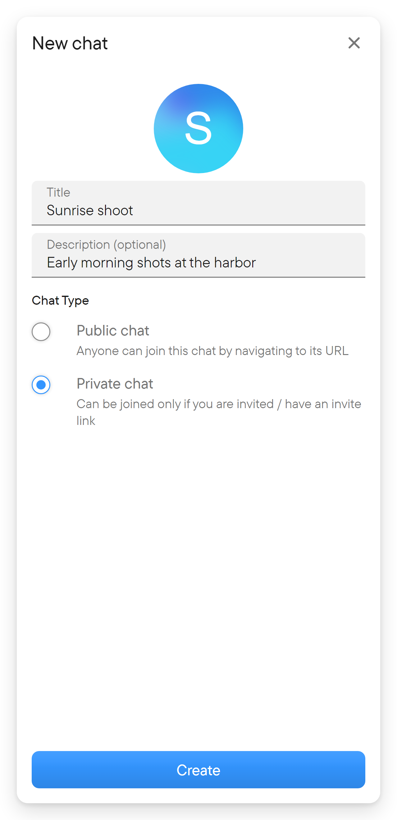 Give the chat a title and choose its type. The New chat dialog with a title, description, Private chat selected and a Create button.