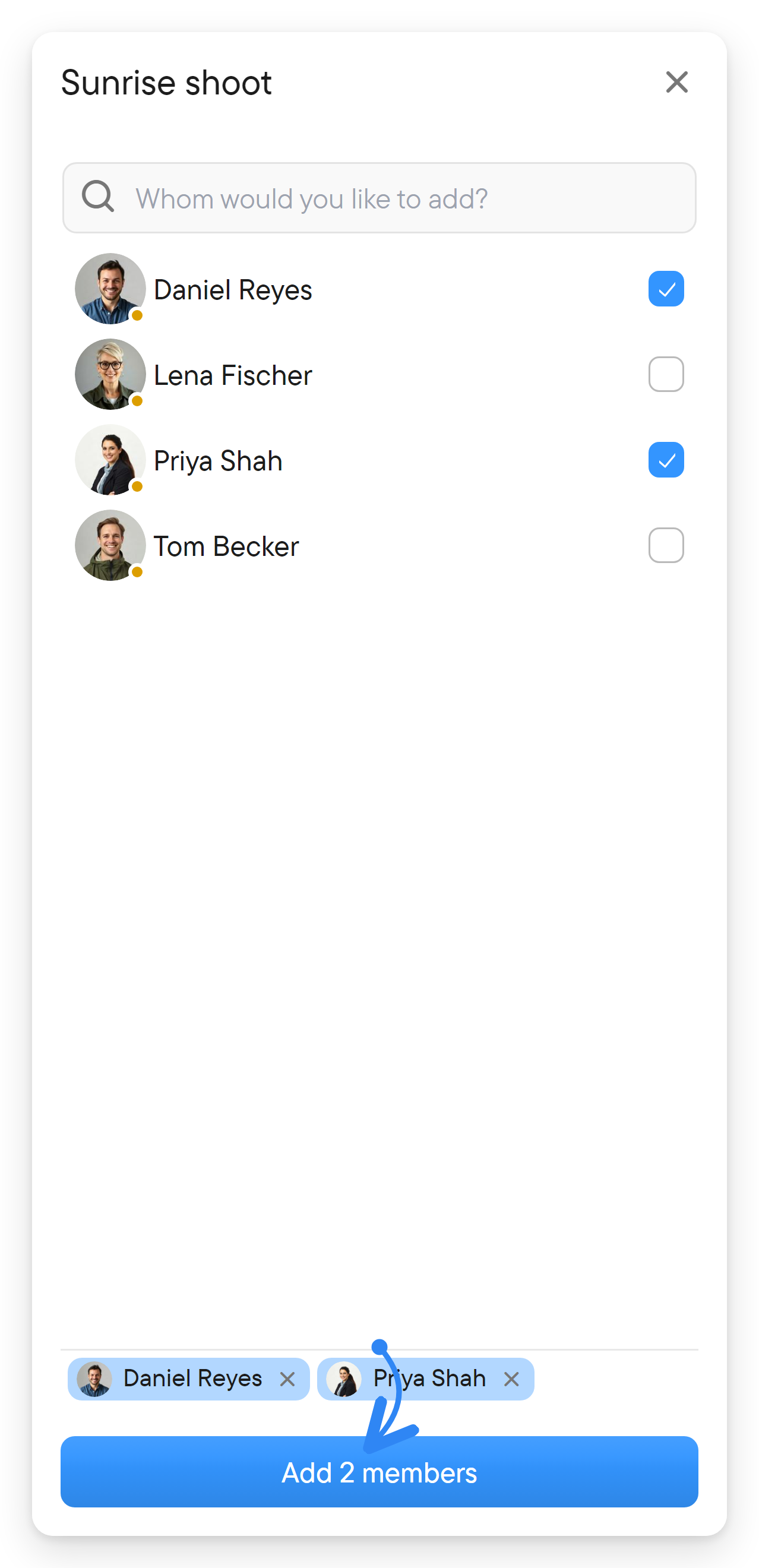 Select members, or skip the step. A member step listing two people with ticks and a button to add them.
