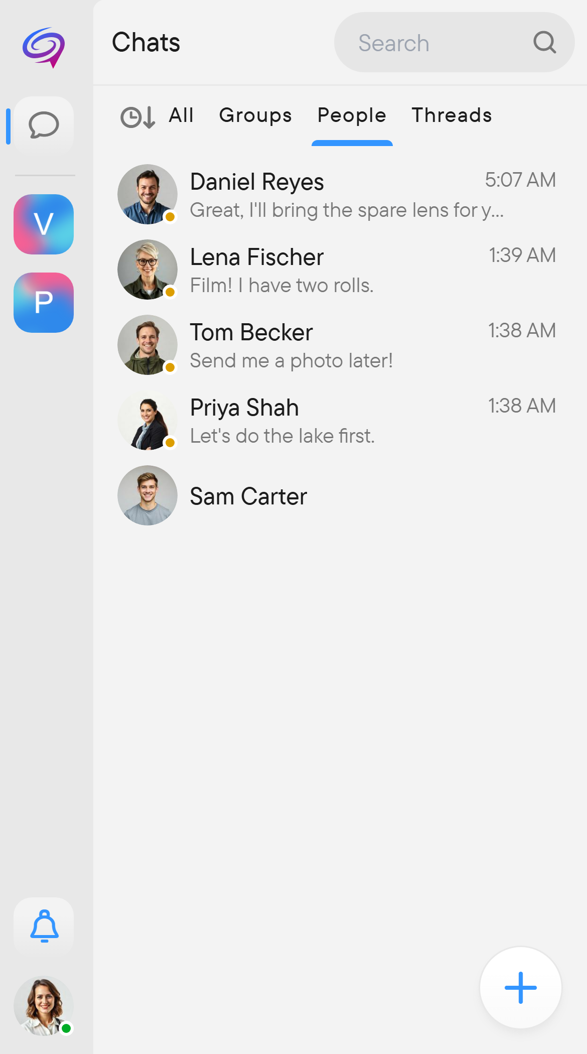 Filters narrow the list to people, groups or threads. The chat list with the People filter selected and only direct chats listed.
