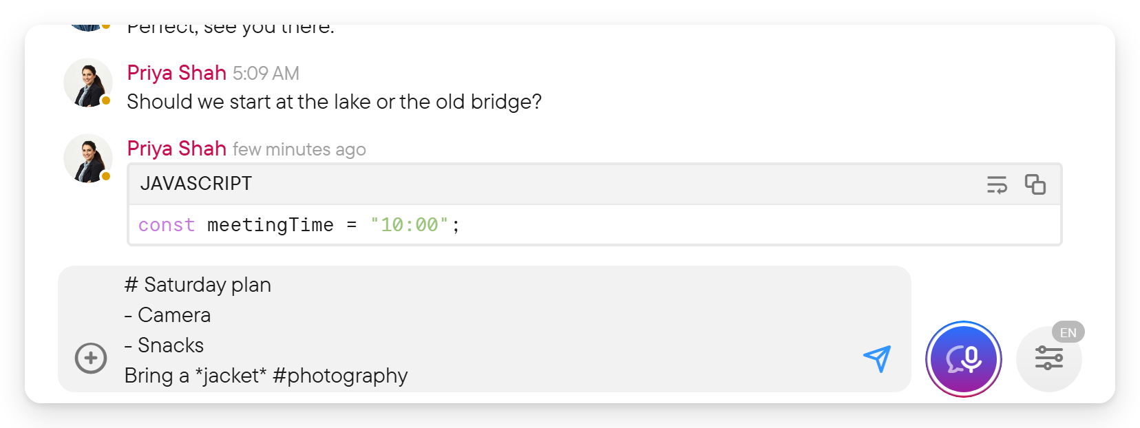 A composer containing text with Markdown-style syntax before it is sent.