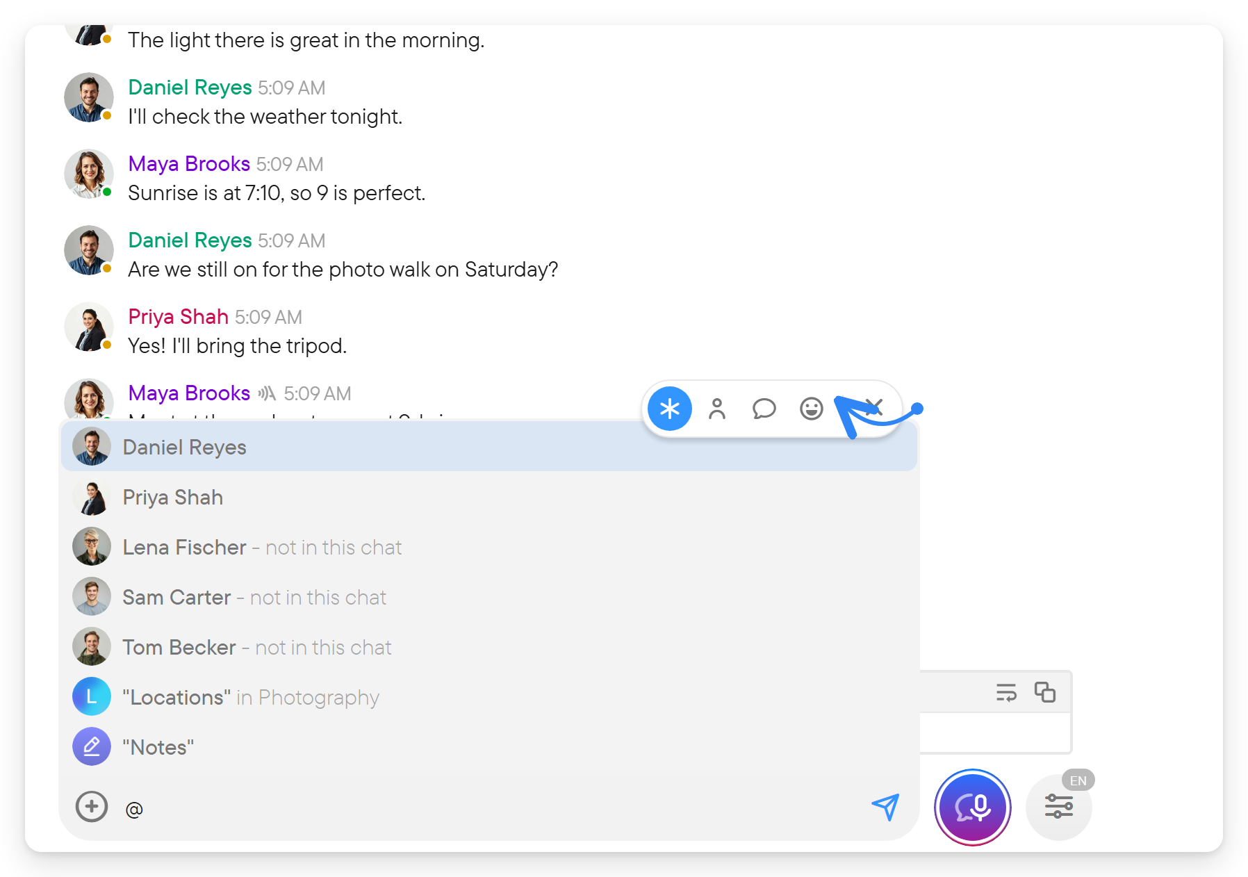 The mention picker above the composer with filter buttons and a list of people and chats.