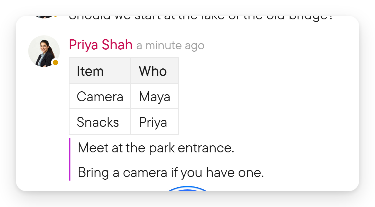 A chat message showing a two-column table and a quoted block of text.