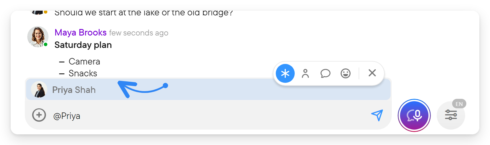 A message with a heading, a short list and a highlighted person mention, with the composer below.