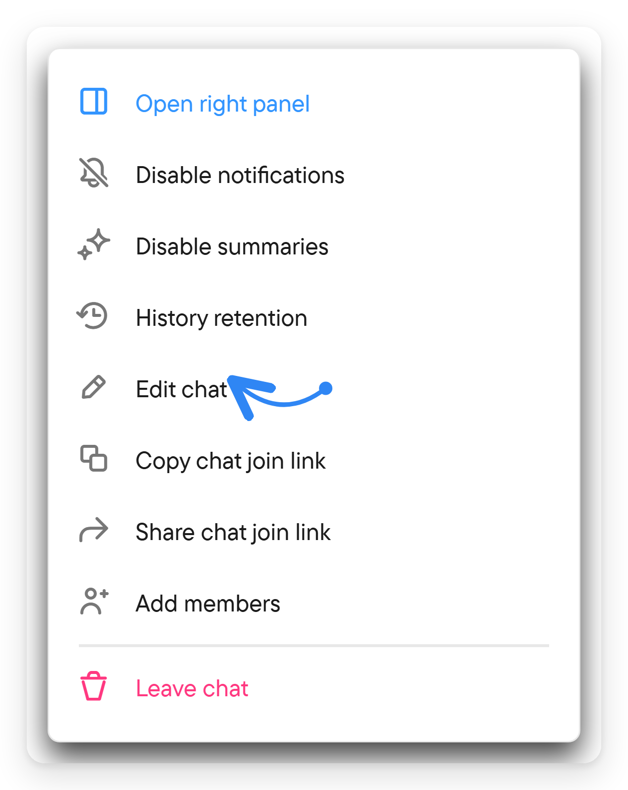 On a phone, Edit chat is in the header menu. A phone menu with Open right panel, History retention, Edit chat, Add members and Leave chat.