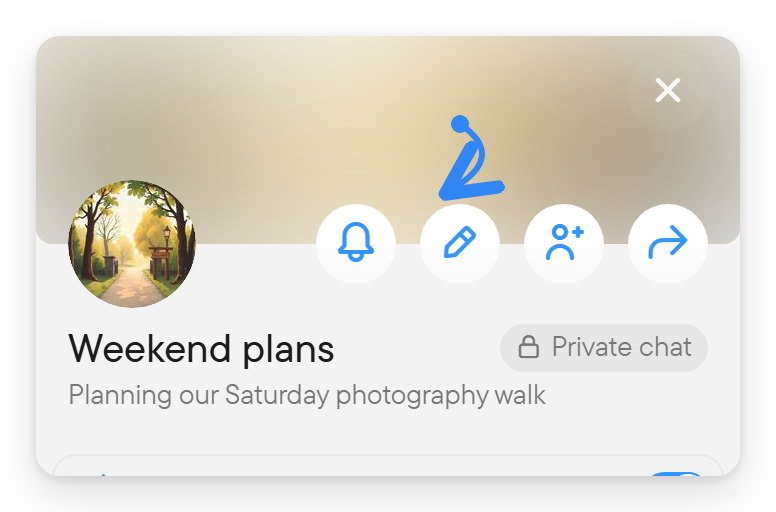 The top of a group information panel with round buttons for notifications, edit, add members and share.