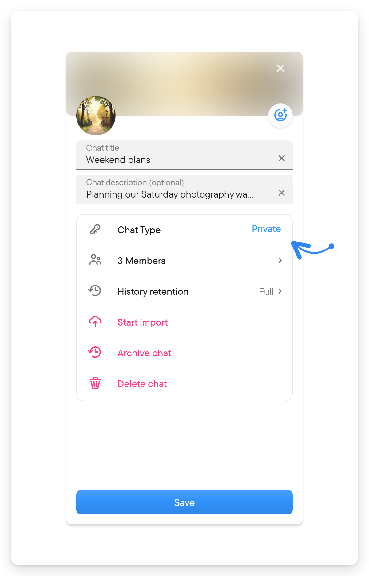 The edit dialog of a group chat with title, chat type, member count, history retention, import, archive and delete entries.