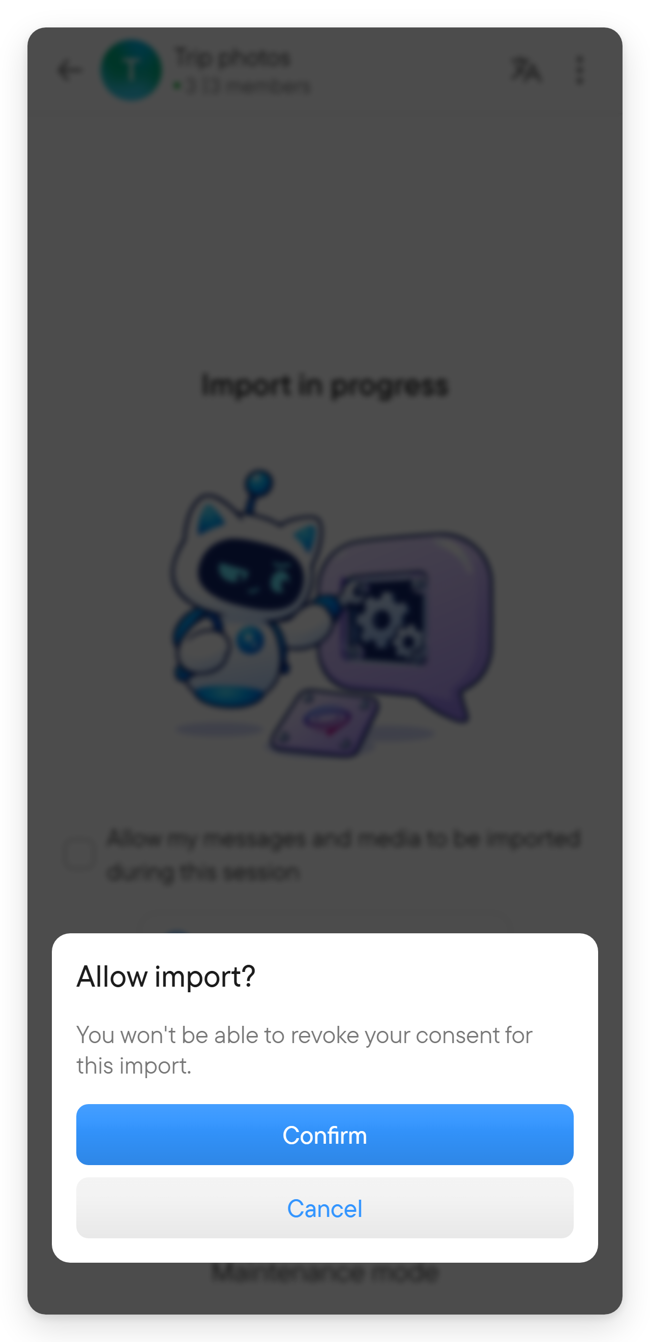 Consent cannot be revoked for that import. A dialog titled Allow import with a note that consent cannot be revoked and a Confirm button.
