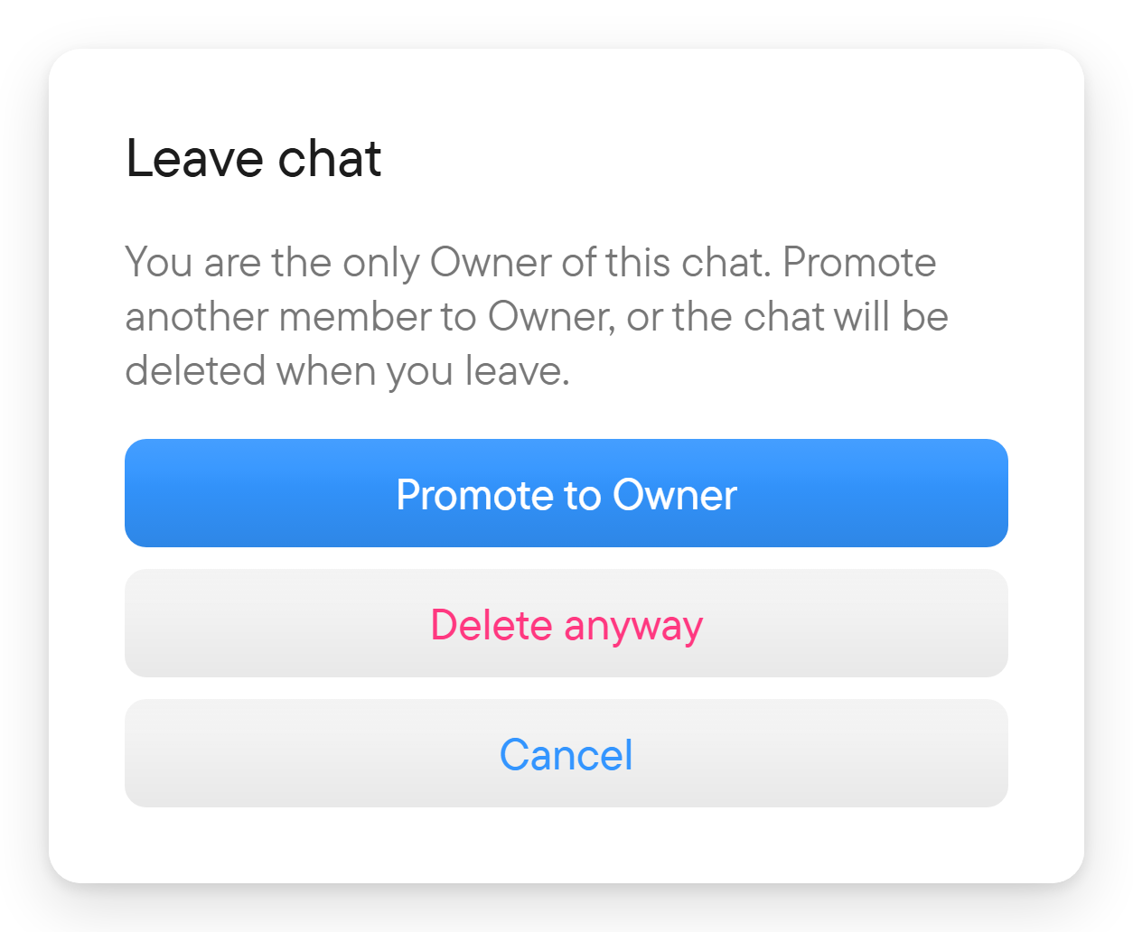 The only owner picks a new owner before leaving. A dialog asking the only owner to choose a new owner from the members.