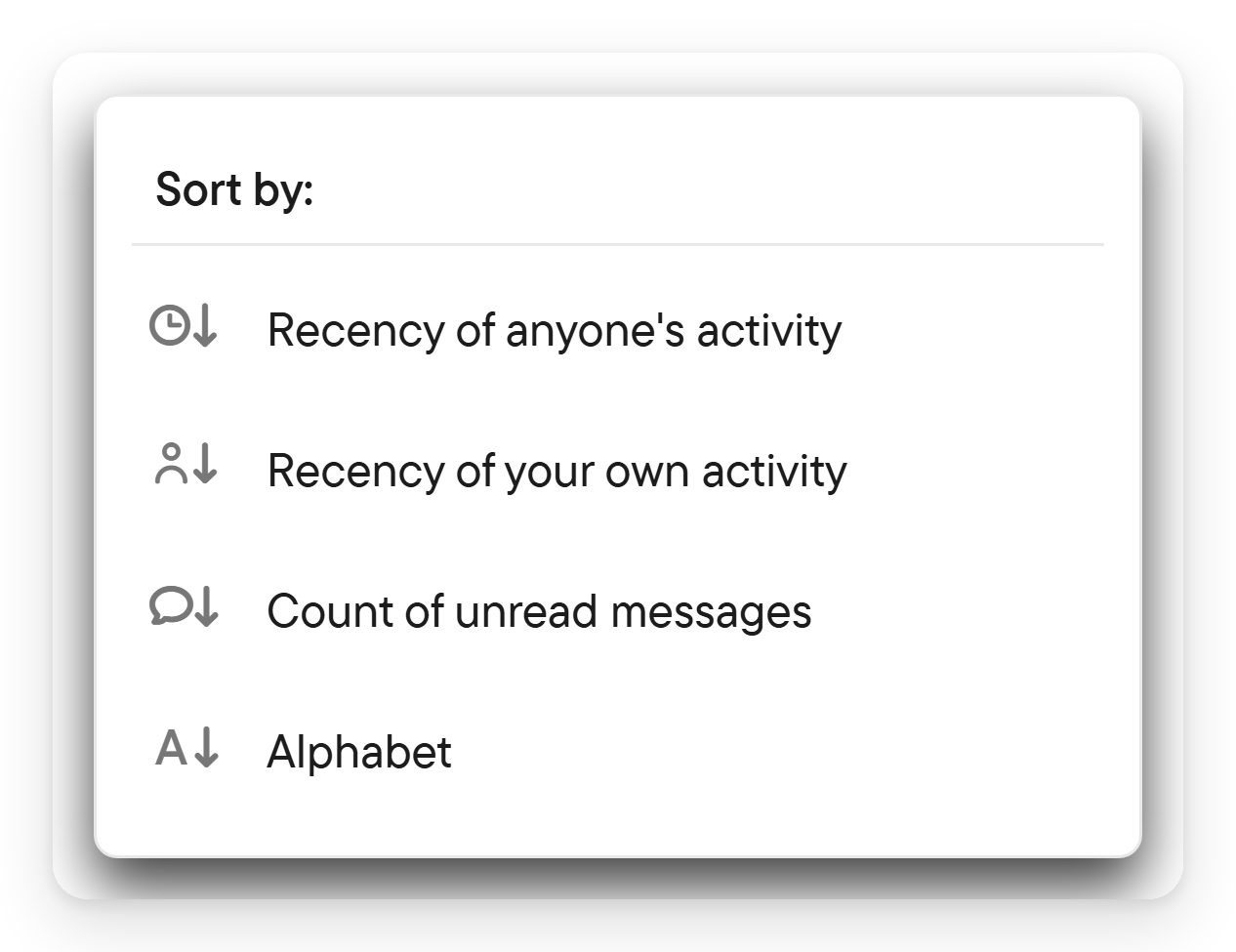 Choose how the chat list is sorted. The sort menu of the chat list with four ordering options.