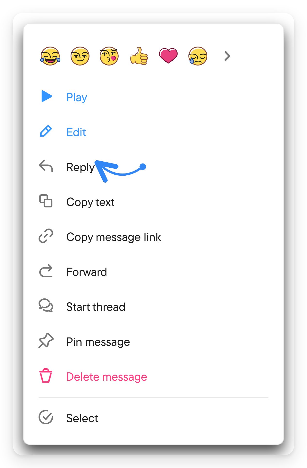 The message menu. The menu of a message with an emoji row and actions such as Edit, Reply, Forward, Pin message and Delete message.