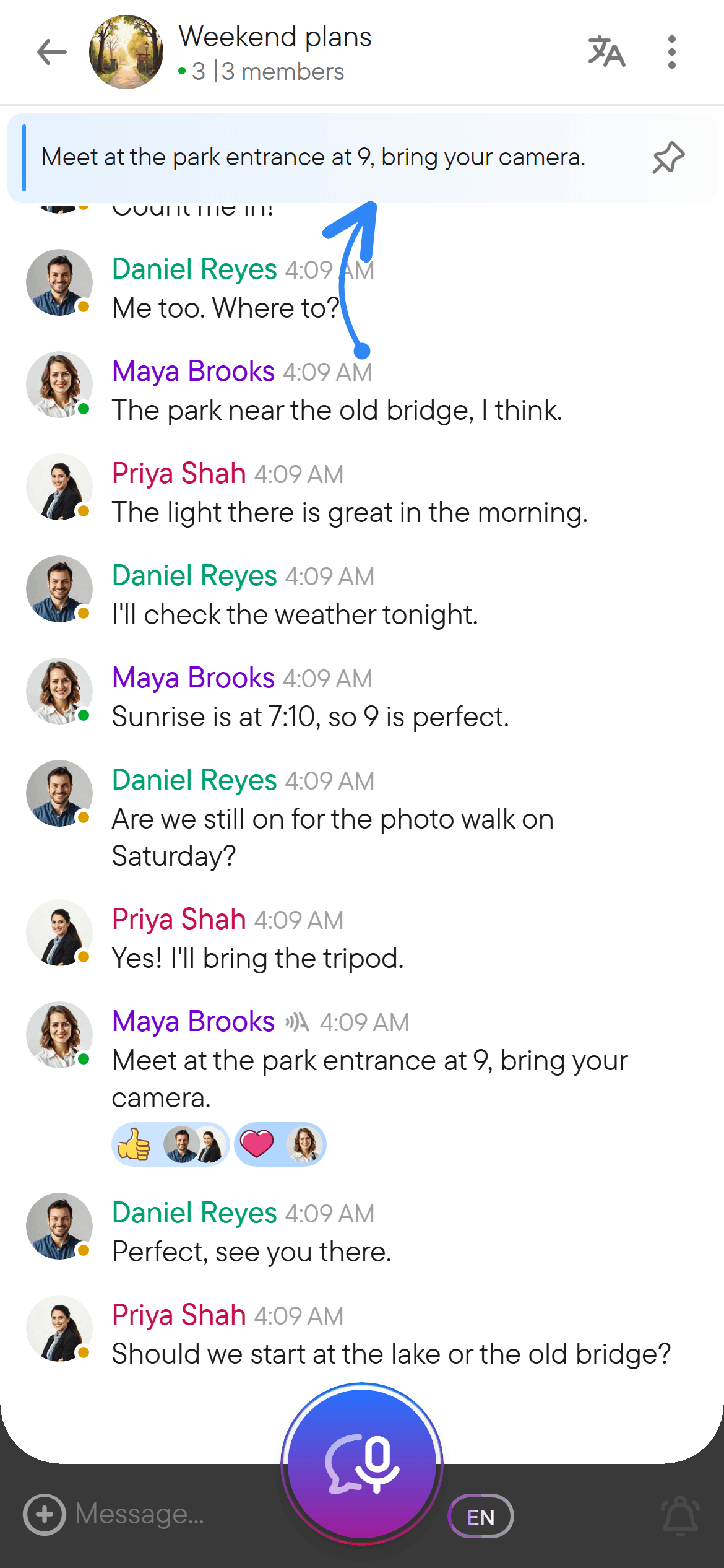 The pinned-message bar keeps important content in reach. A group chat with a pinned message bar under the header.