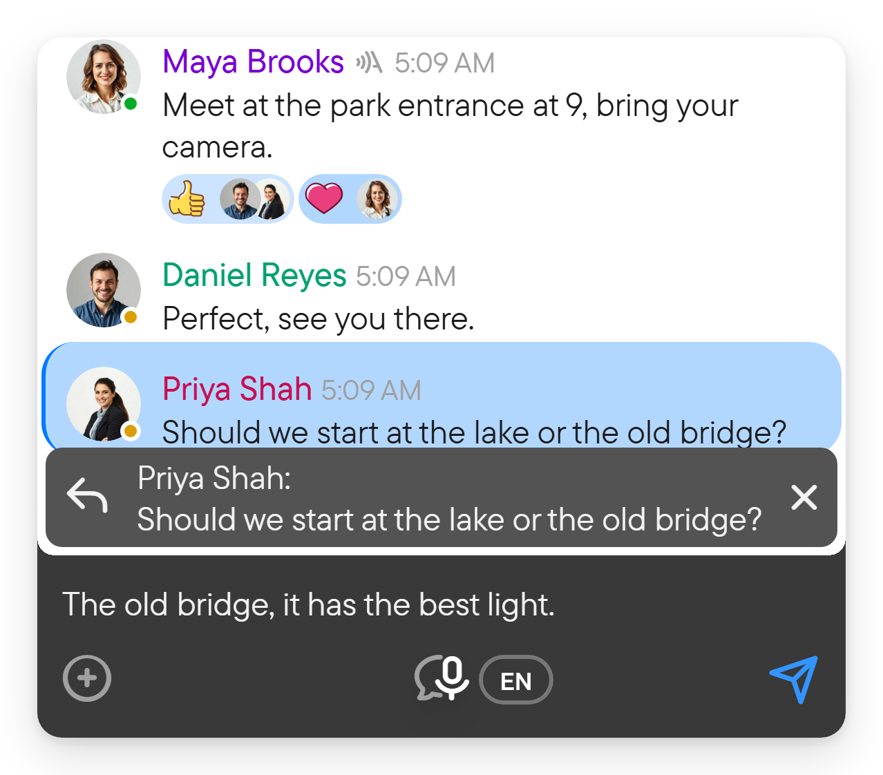 A reply keeps a reference to the original message. A composer with a reply bar quoting the message being answered.