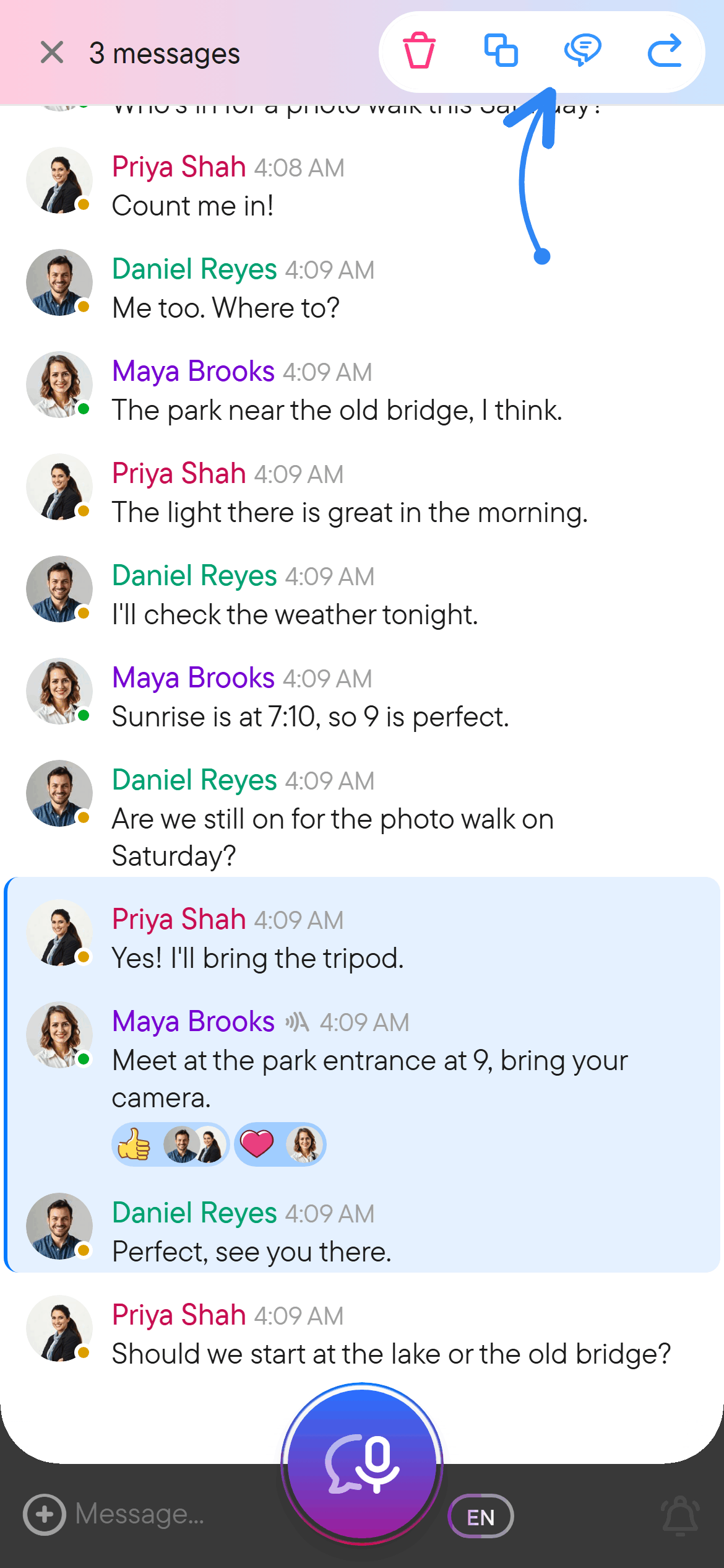 Select several messages to copy, forward or start a thread. A chat in selection mode with three messages selected and selection actions shown.
