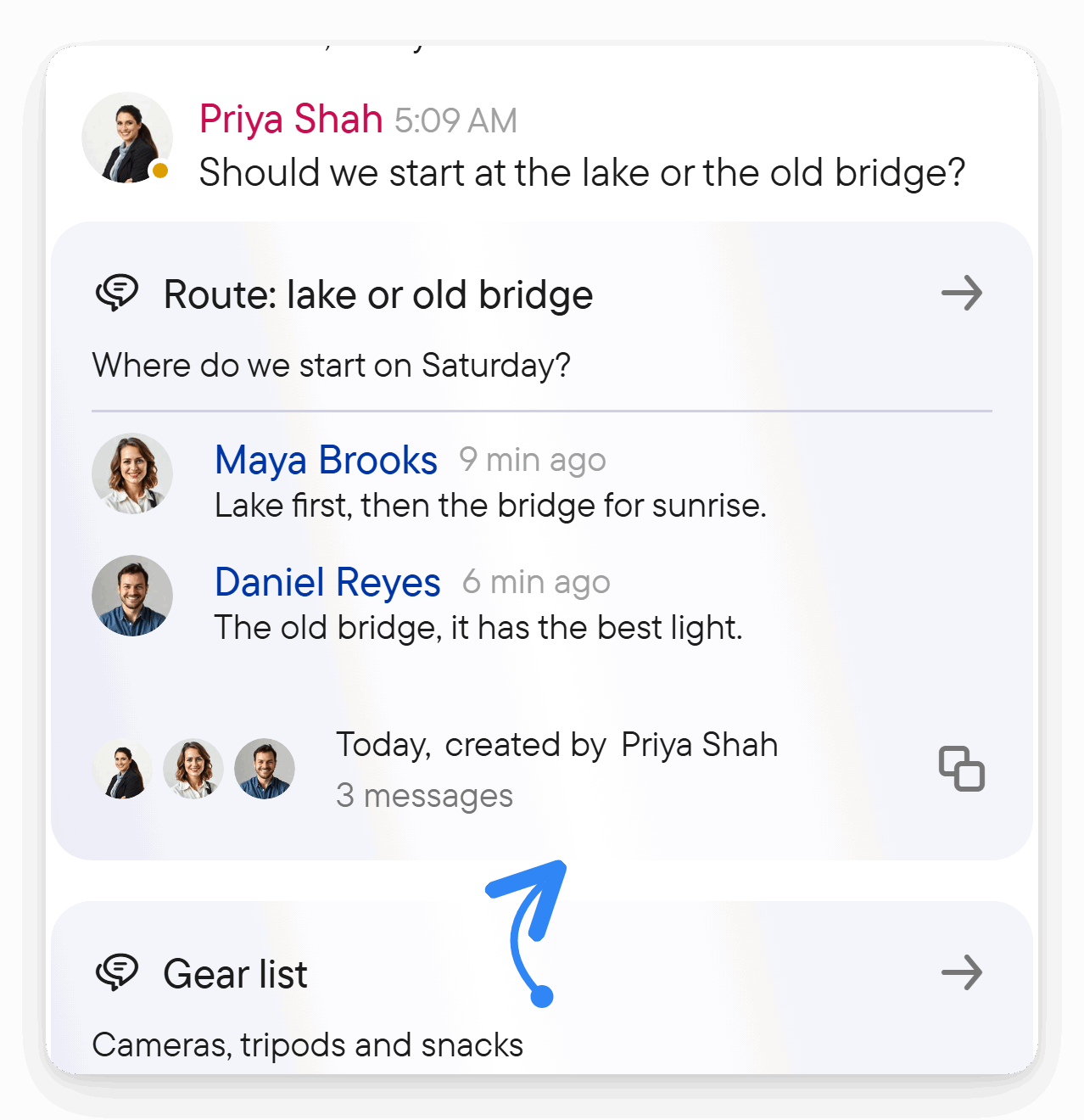 A thread card replaces the moved messages. A thread card in a chat with a title, description, latest message and message count.