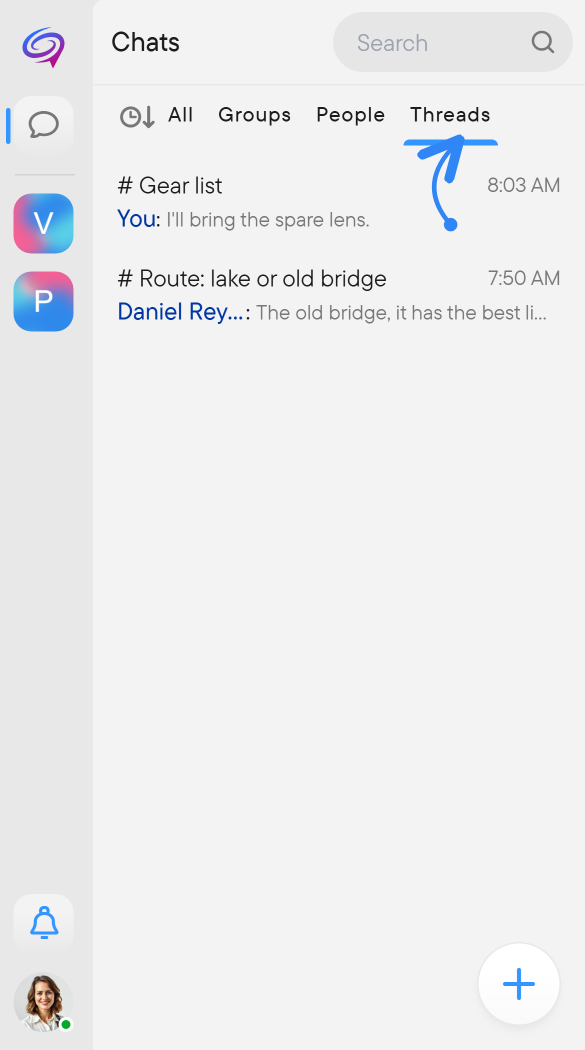 Find threads with the Threads filter of the chat list. The chat list with the Threads filter selected, listing two threads.