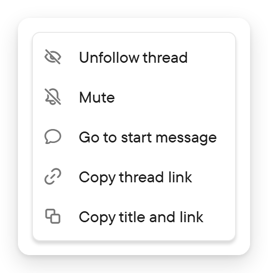 The menu of a thread with entries to follow, mute, go to the start message and copy links.