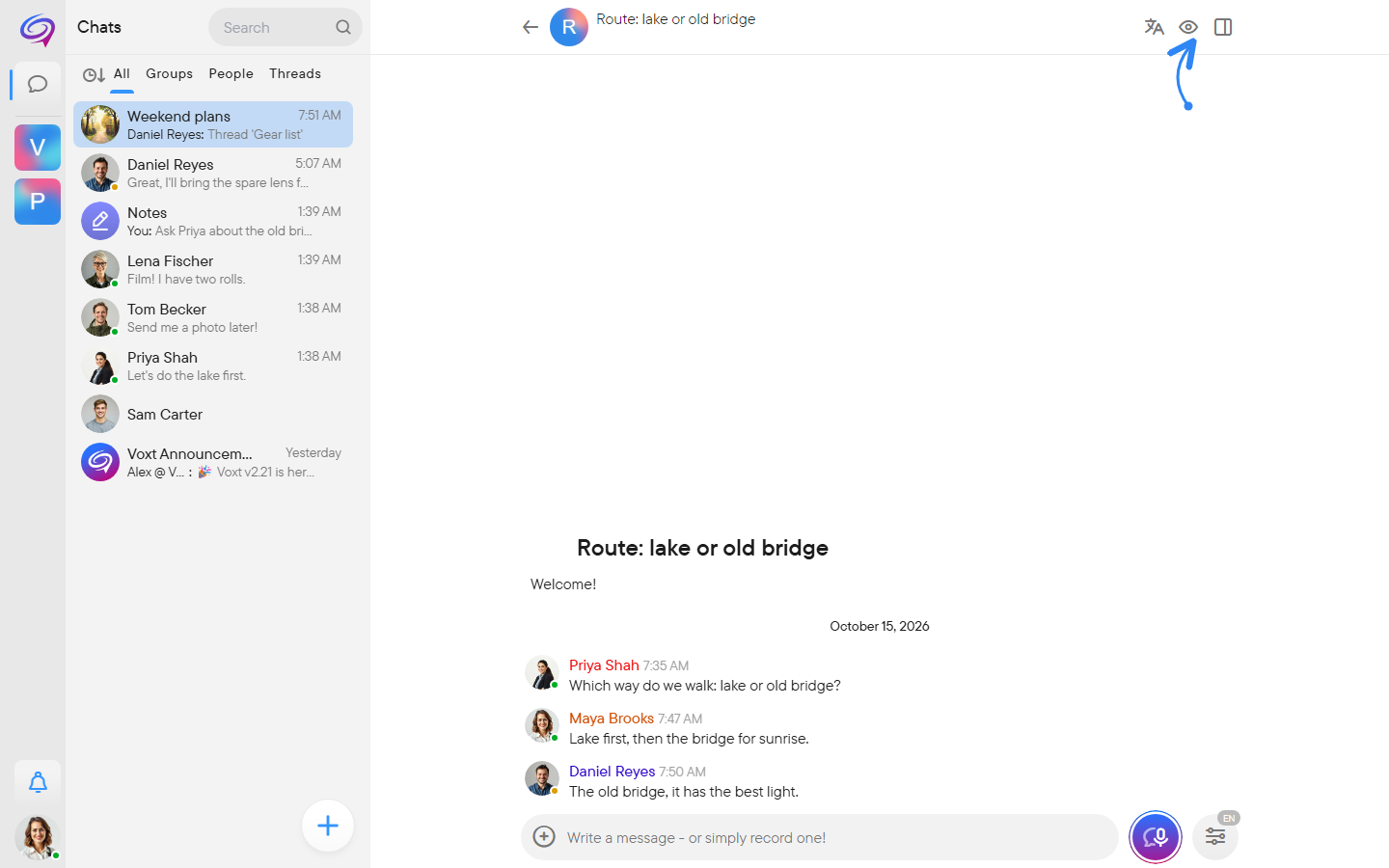 A thread opened beside the parent chat with its header and follow button.