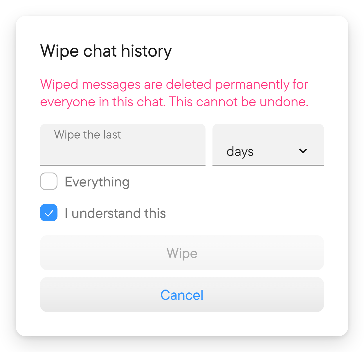 Wiping history cannot be undone. A dialog for wiping recent history with a confirmation checkbox and a Wipe button.