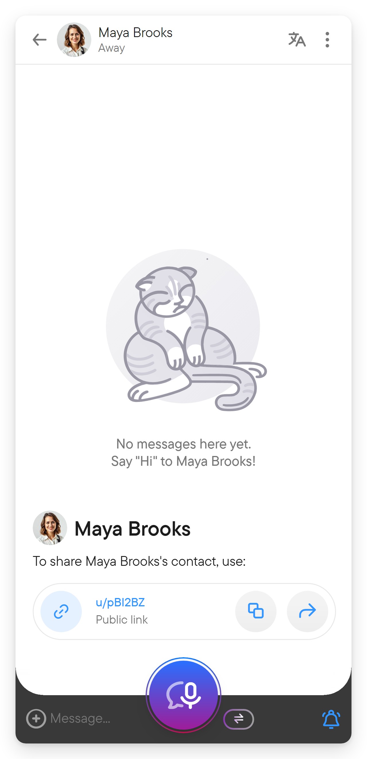 Save the person or block them from the banner. The banner "This user is not in your contact list yet" above a new conversation, with Block and Add to contacts buttons.