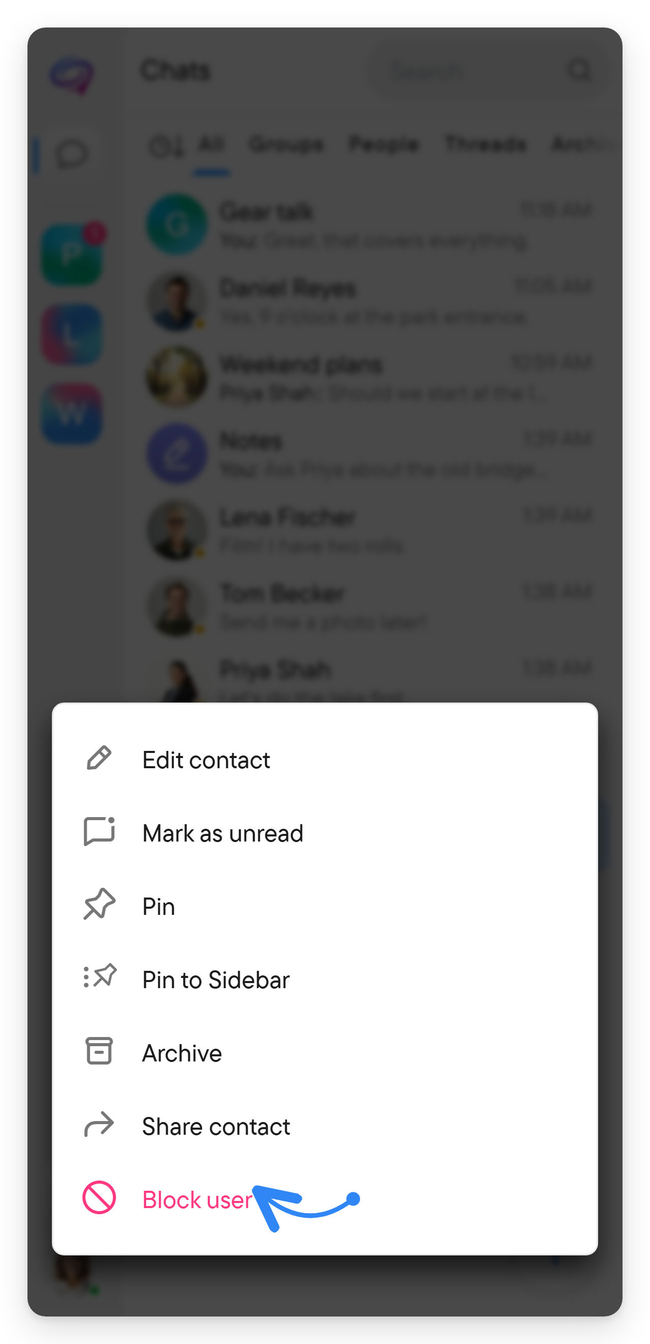 Block user is in the same menu. The chat row menu with the red Block user item.