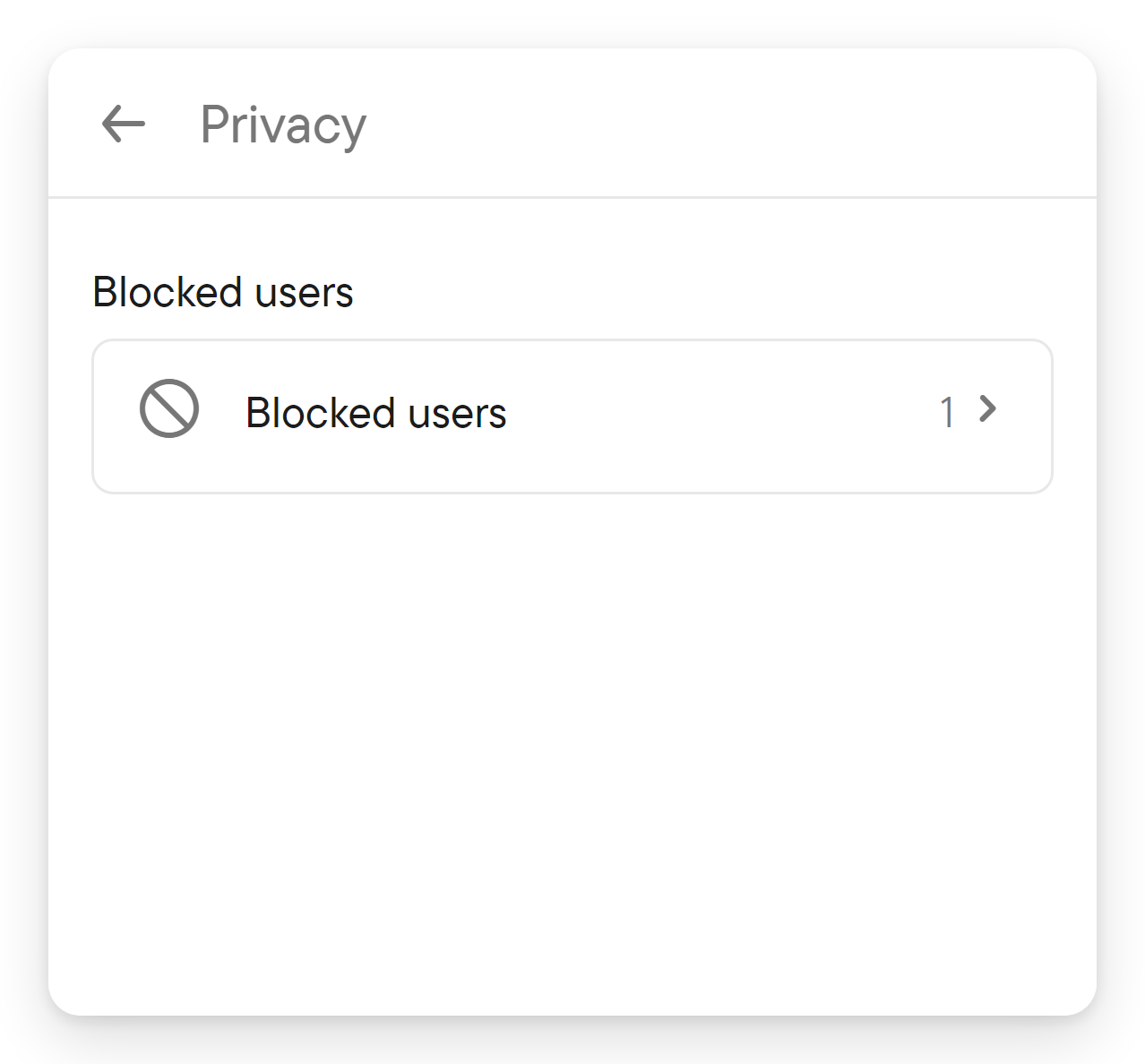 Unblock from Settings → Privacy. The Privacy page of settings with a Blocked users row showing one blocked person.