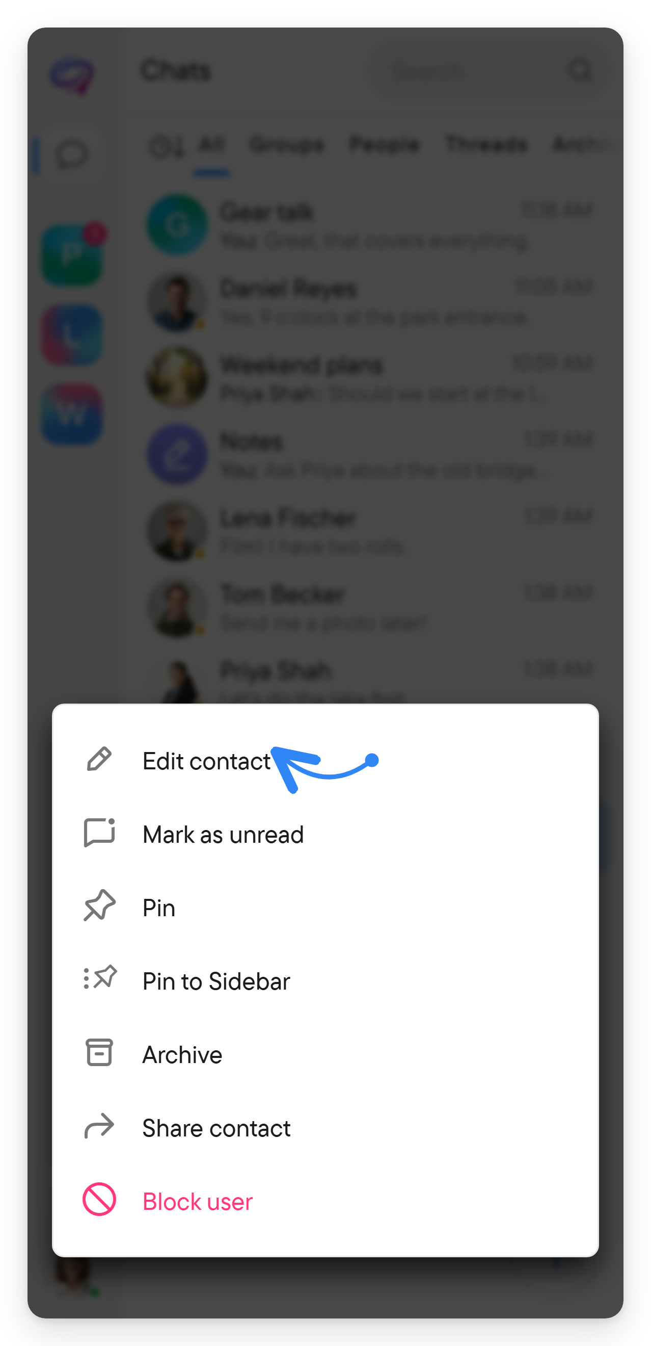 Open the contact menu on their chat row. The chat row menu for a person: Edit contact, Pin, Pin to Sidebar, Share contact and Block user.