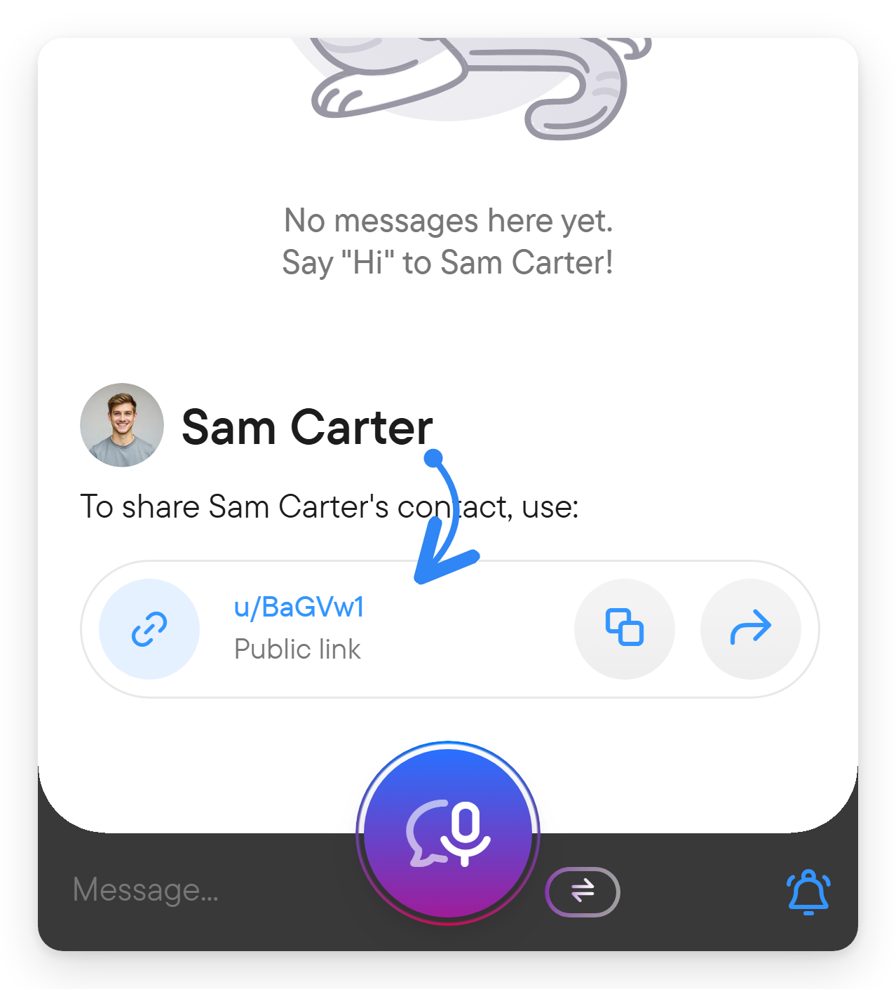 The same link appears in the conversation. The contact link with copy and share buttons shown at the start of a conversation.