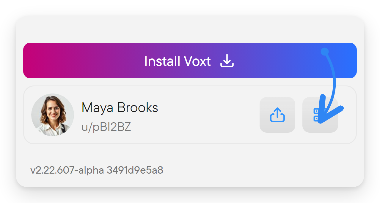 Share your contact from the profile card in Settings. The bottom of the Settings screen: the profile card with the user's picture, name and user link, a share button and a QR button, with the share button marked.
