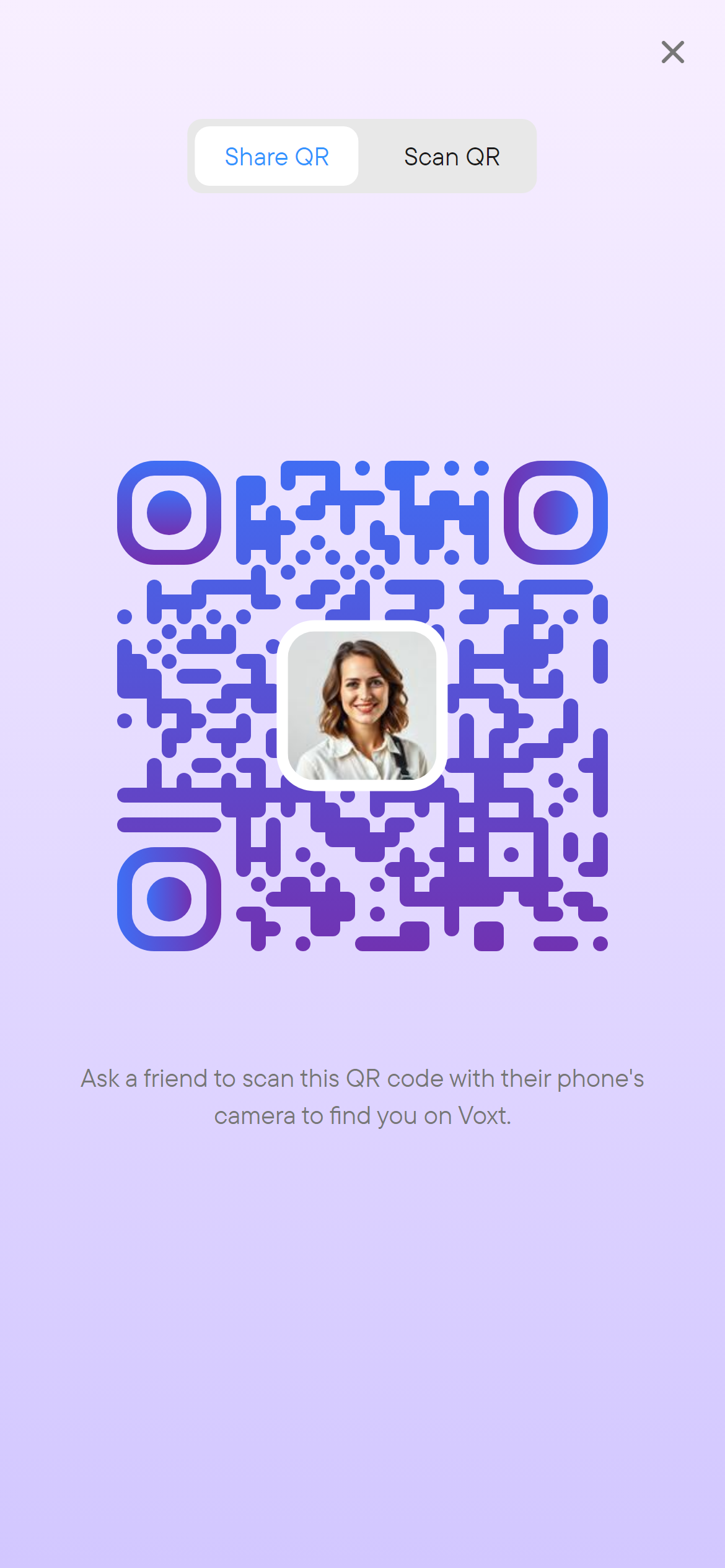 Scan to open the profile. A QR code dialog for sharing a profile link.