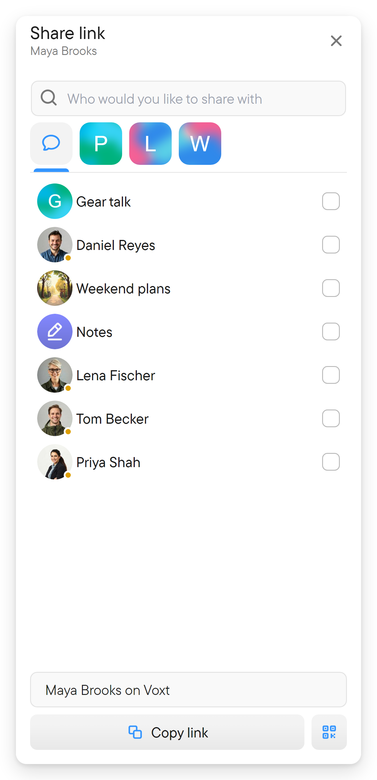 Share your profile link or its QR code. The Share link dialog for a profile, with Share, Copy and QR-code buttons at the bottom.