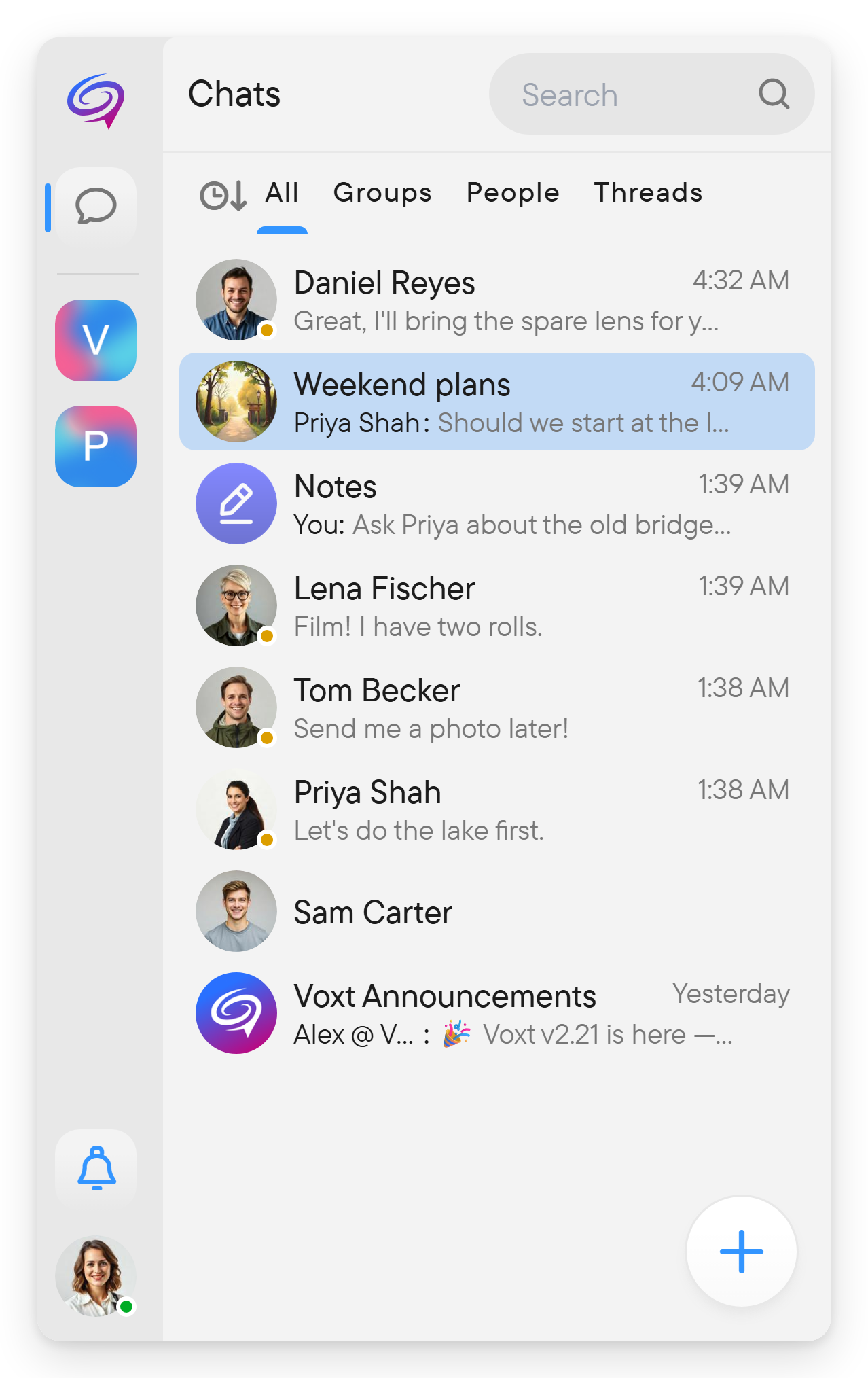 Search, filter, sort and create from the chat list. The chat list with a search field, filter tabs, a sort control, several chats and a plus button.