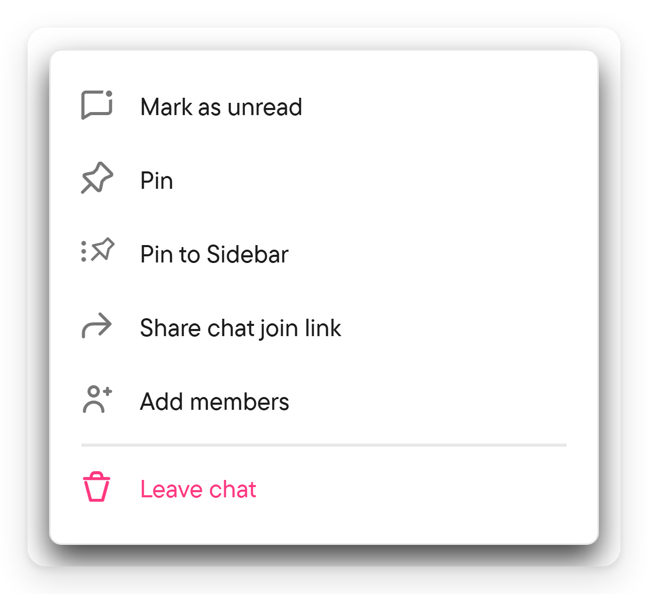 Chat menus offer pinning, read state and leaving. The menu of a chat in the list with actions such as Pin, Mark as unread and Leave chat.