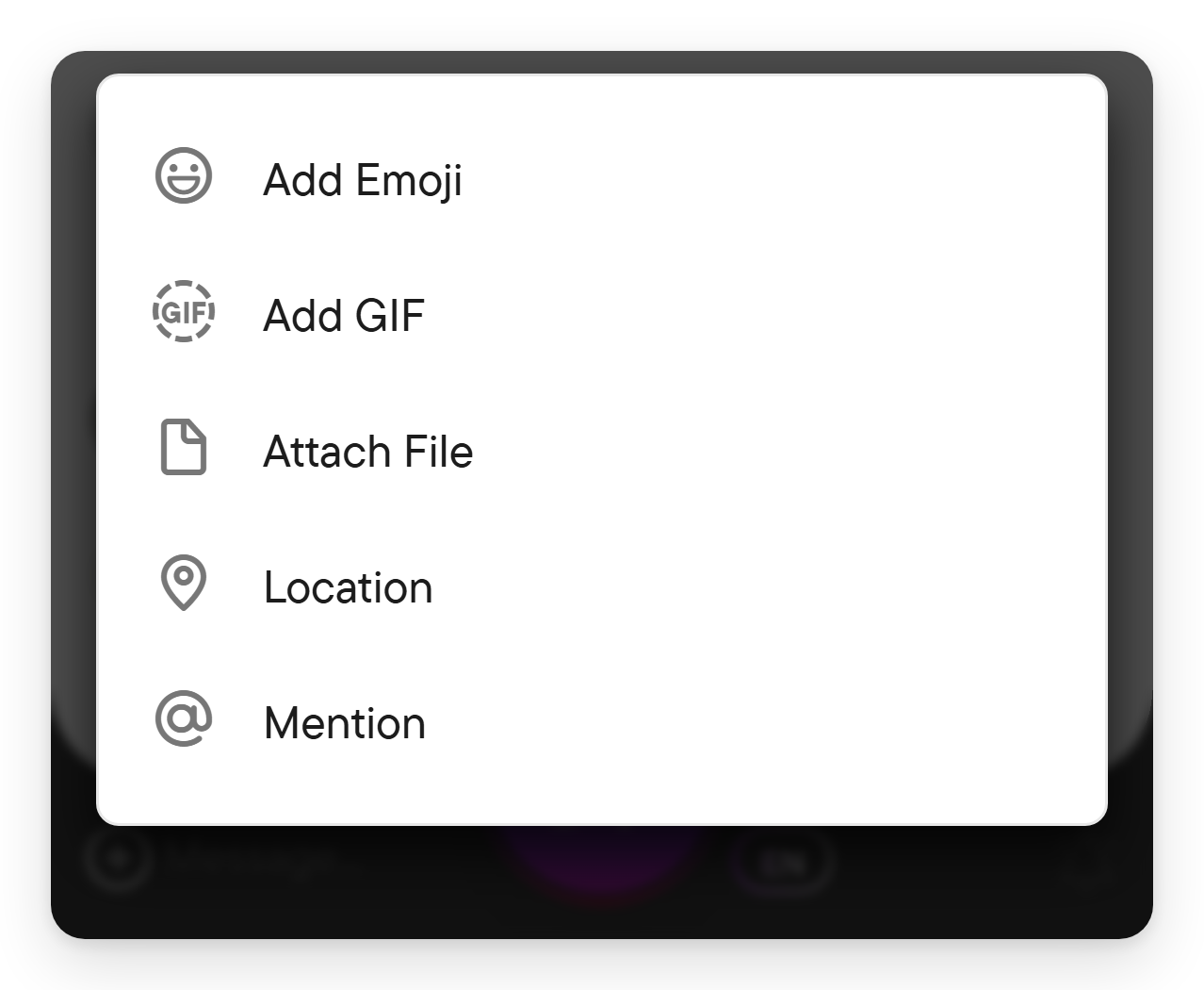 The plus menu next to the composer. The composer plus menu listing Add Emoji, Add GIF, Attach File, Location and Mention.